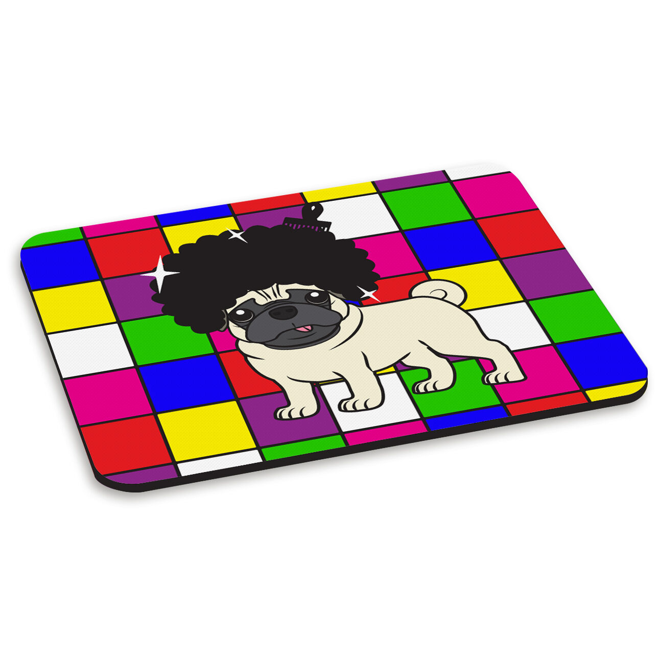 Afro Disco Pug Life Dog PC Computer Mouse Mat Pad 60\'s 70\'s Funny Cute Retro