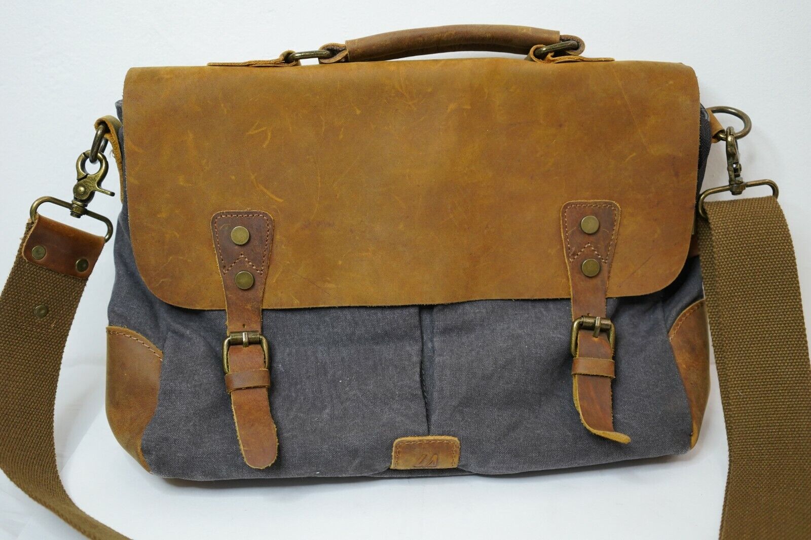 Langforth Messenger Bag Distressed Leather & Gray Canvas 14\