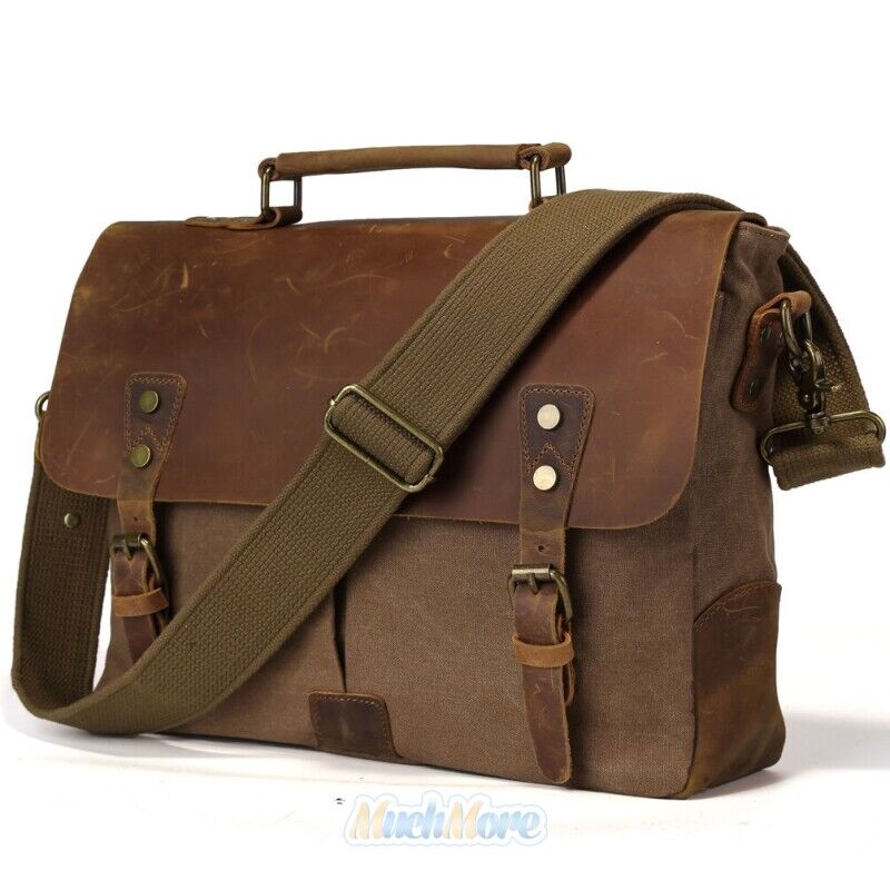 Men Vintage Leather Canvas 14'' Laptop Schoolbag Satchel Shoulder Messenger Bag