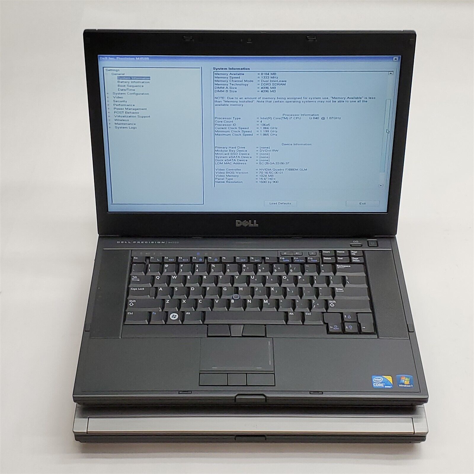 Dell Precision M4500 Laptop Intel i7 Q820 1.73GHZ 15.6\