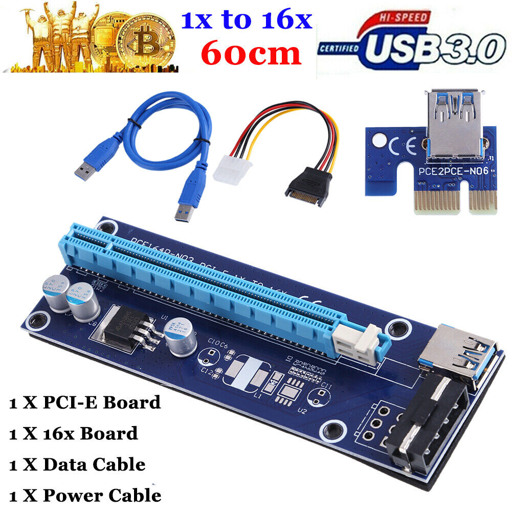 60cm PCI-E 1x to 16x Adapter Extender Card USB 3.0 Data Cable Power Mining Kit