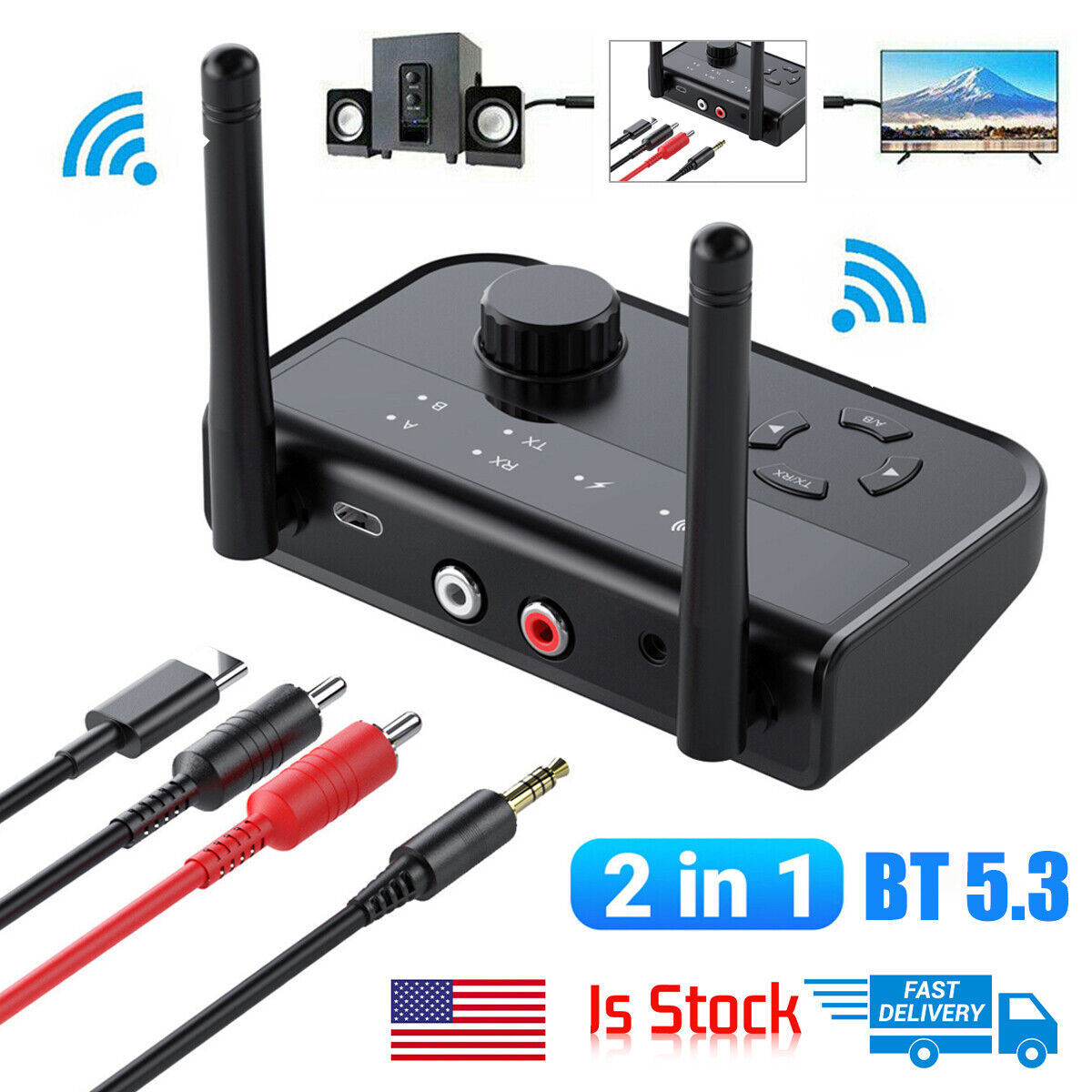 Bluetooth 5.3 Receiver Transmitter Wireless 3.5mm AUX NFC to 2 RCA Audio Adapter