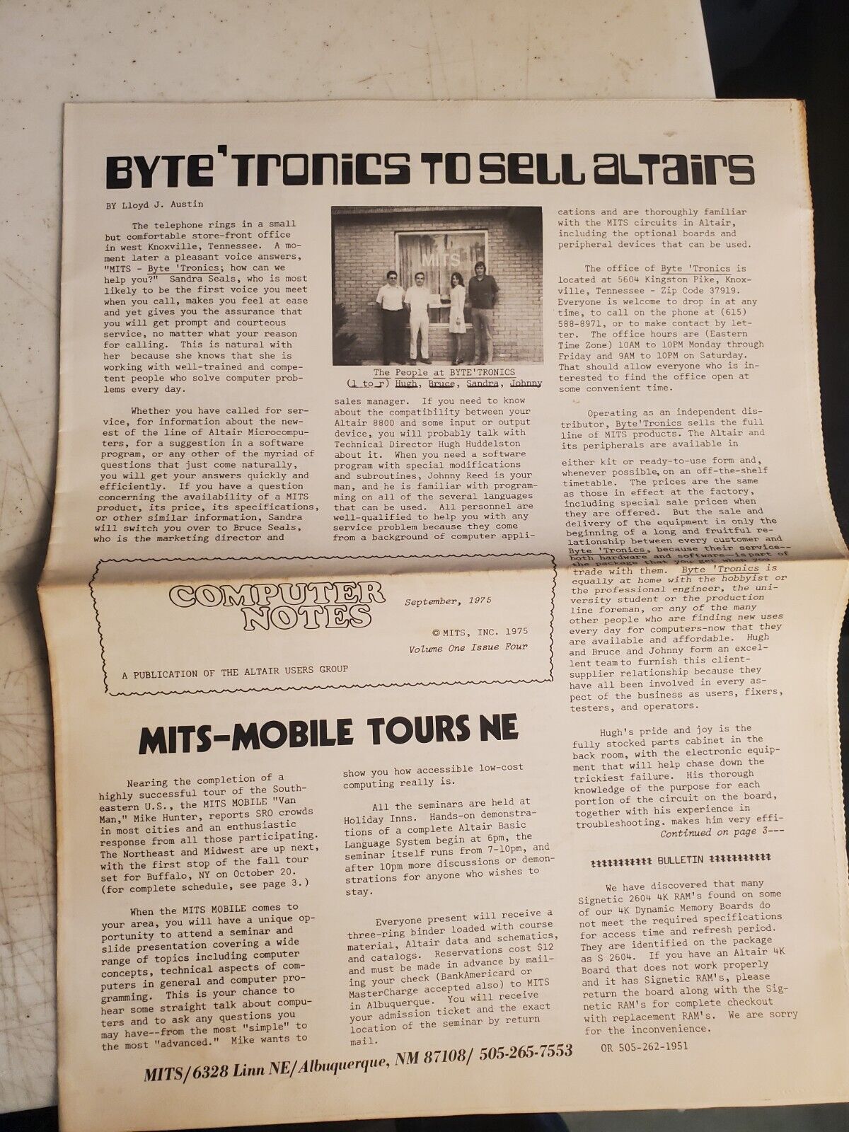 MITS Altair Computer Notes Magazine SEPT. 1975 Volume 1 Issue 4 ORIGINAL VTG