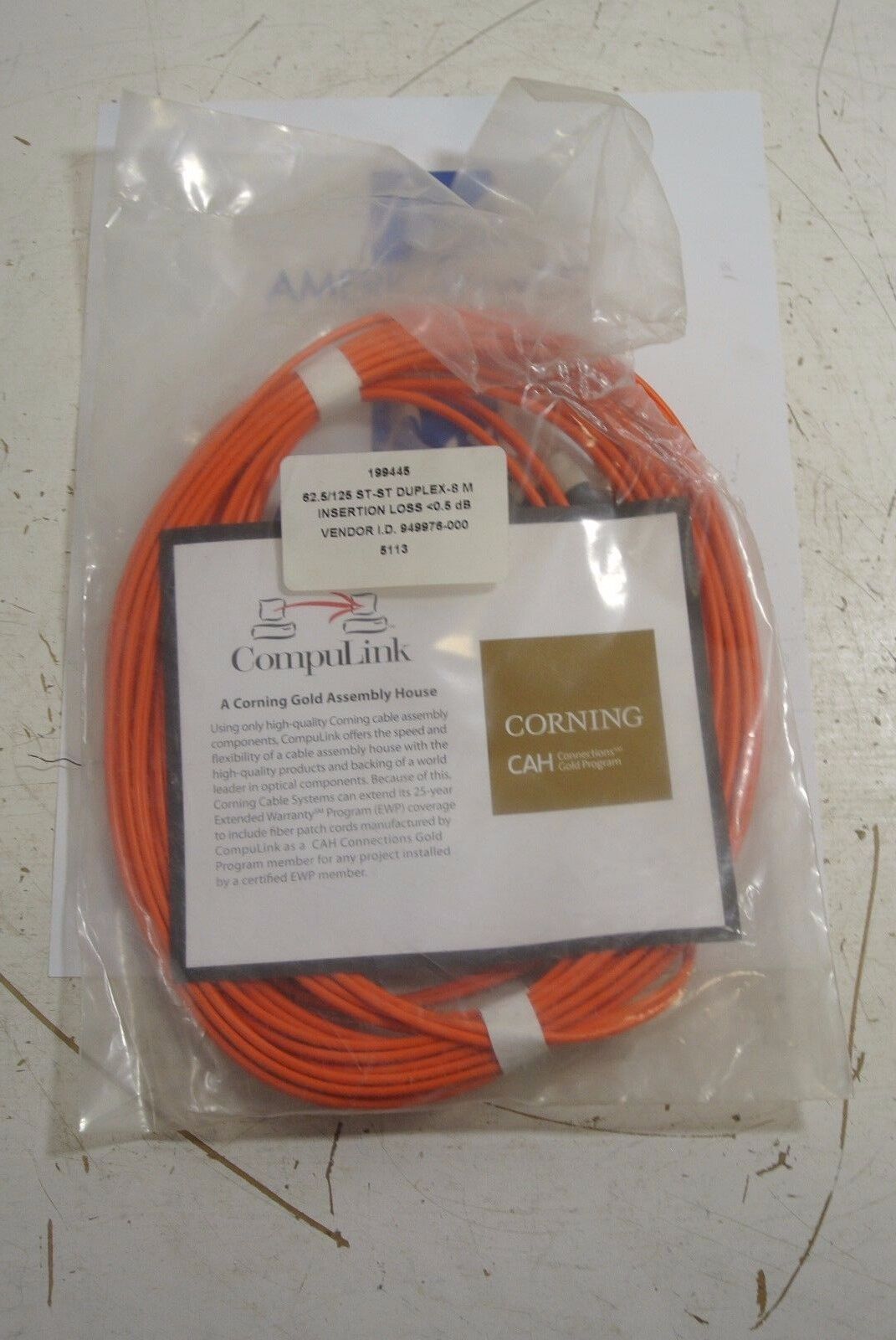Corning Compulink Anixter 199445  62.5/125 ST-ST Duplex 8 meter Fiber Cable NEW 