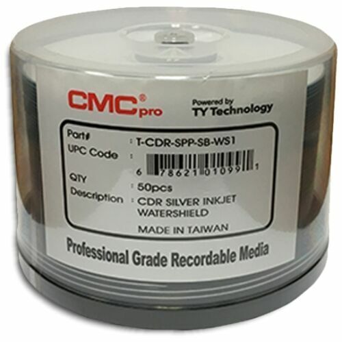 50Pk CMC PRO WATERSHIELD GLOSSY Silver Inkjet Hub 52X 80-Min CD-R 