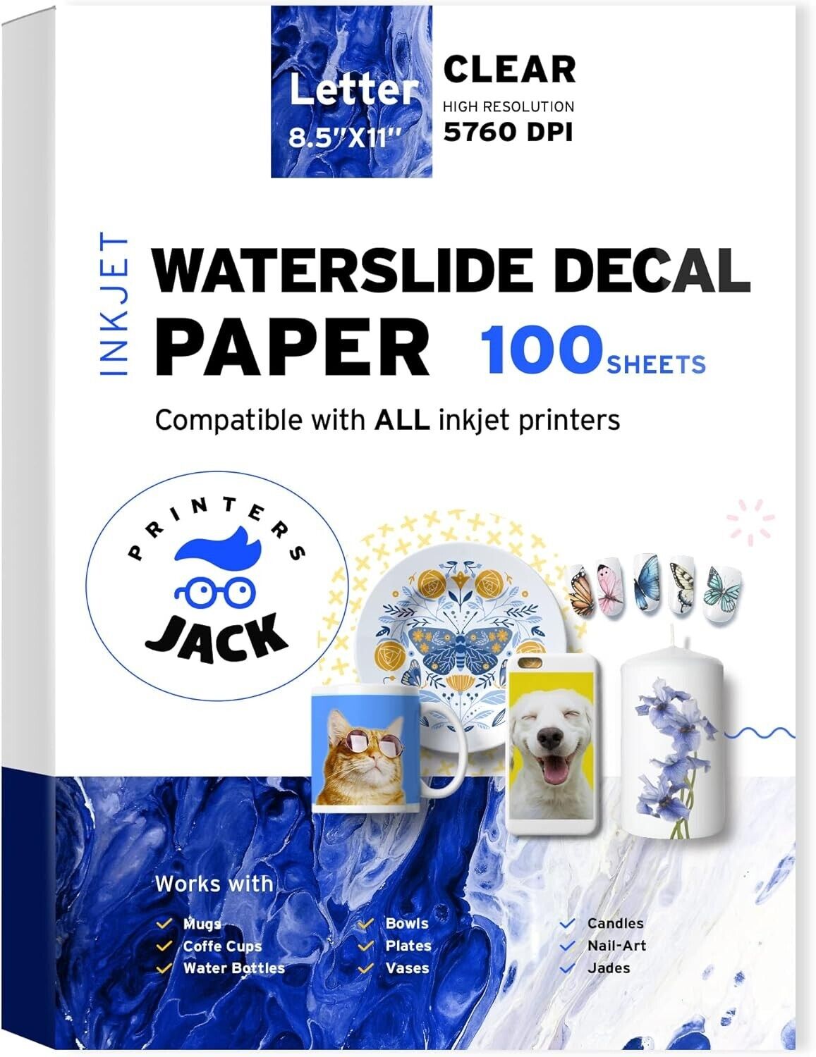 Printers Jack Water Slide Decal Paper Inkjet 100 Sheets 8.5 x 11 inches Premium