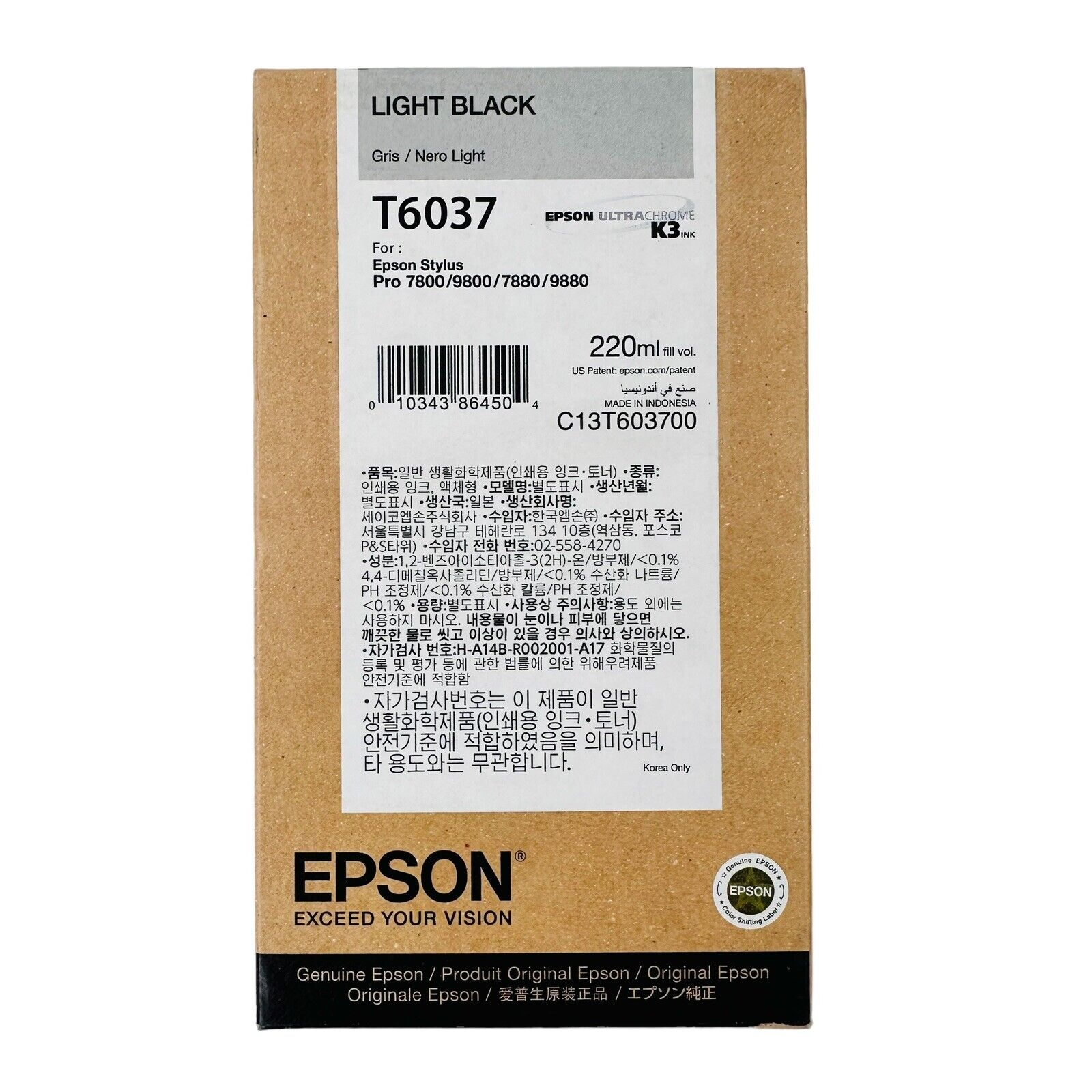 Genuine Epson T6037 Light Black Ink Stylus Pro 200ml 7800/9800/7880/9880 Exp2023
