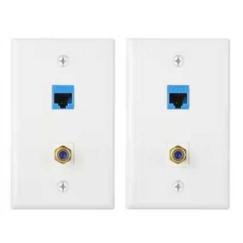 2x Cat6 RJ45 Ethernet + F Type Coax Cable Coupler Wall Plate Gold Plated White
