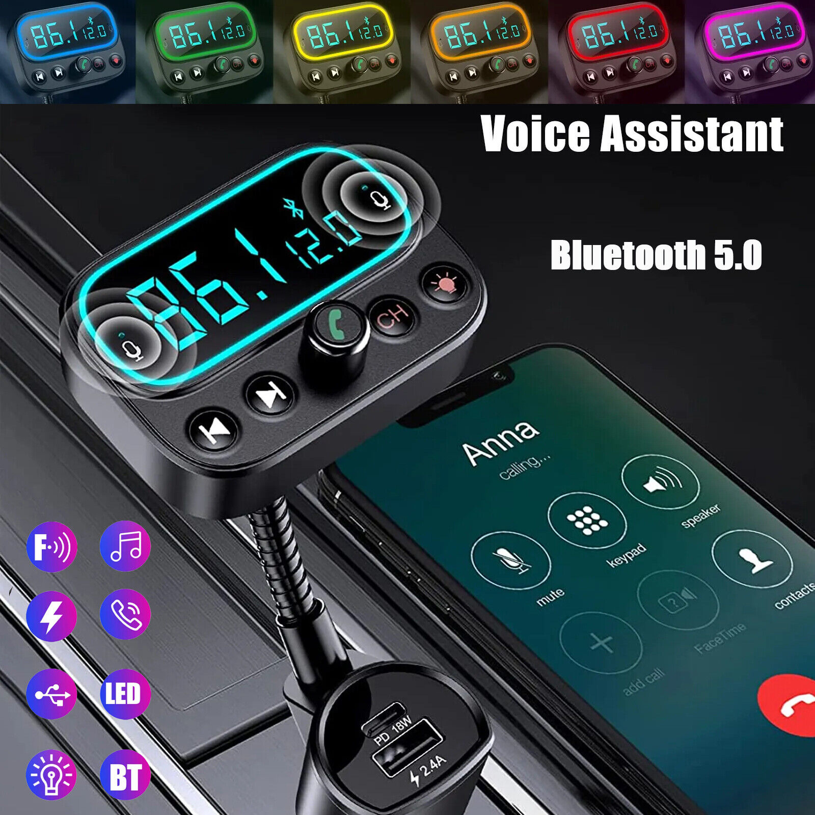 Car Wireless Bluetooth 5.0 FM Transmitter Adapter Radio AUX USB LED Music Player