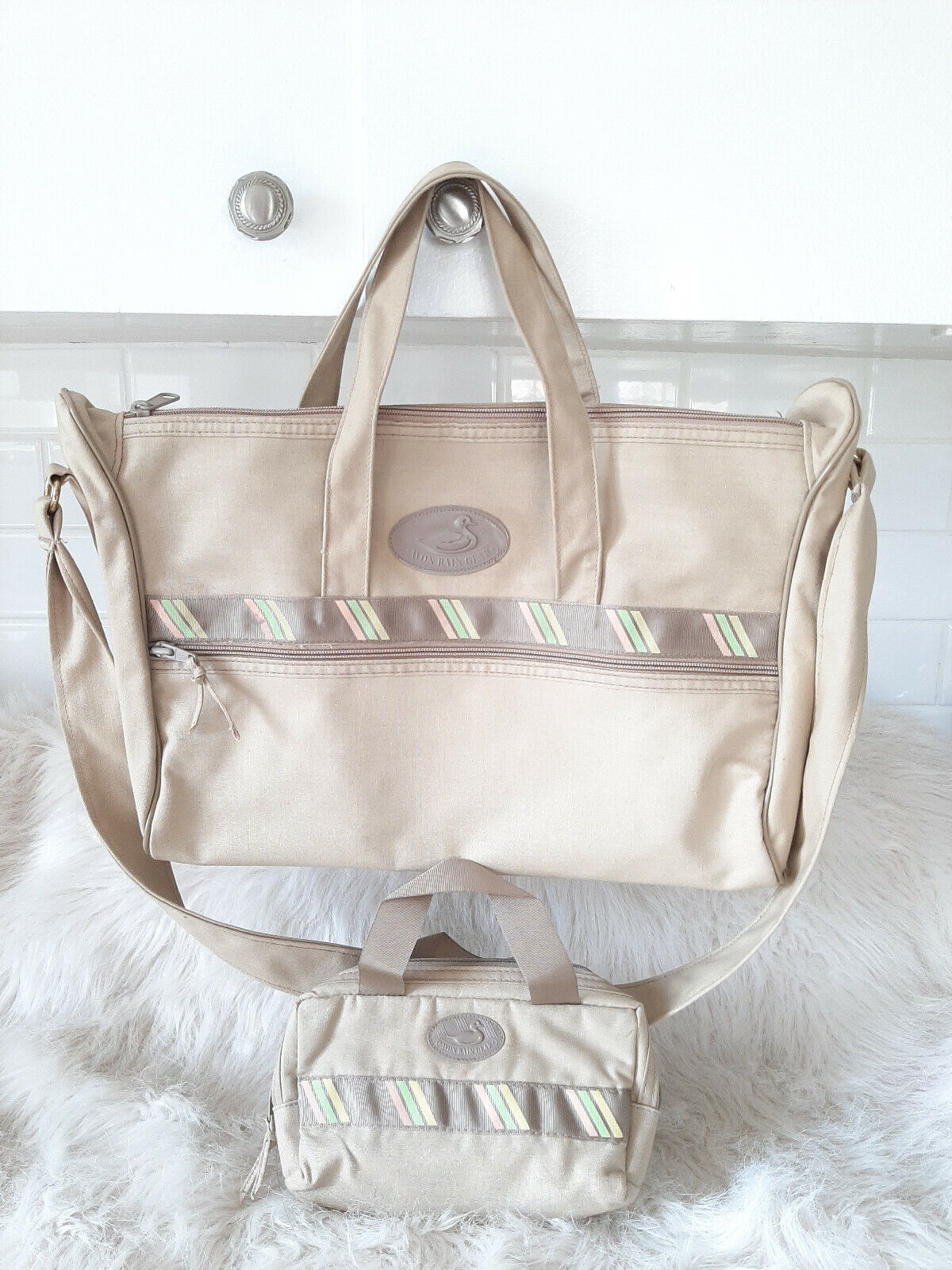 Vintage Avon Rain Gear Beige Canvas Cream White Travel Bag and Cosmetic Bag Set