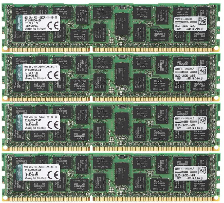 Kingston 64GB (4x16GB Kit) PC3-12800R 2Rx4 ECC REG Server Memory KVR16R11D4K4/64