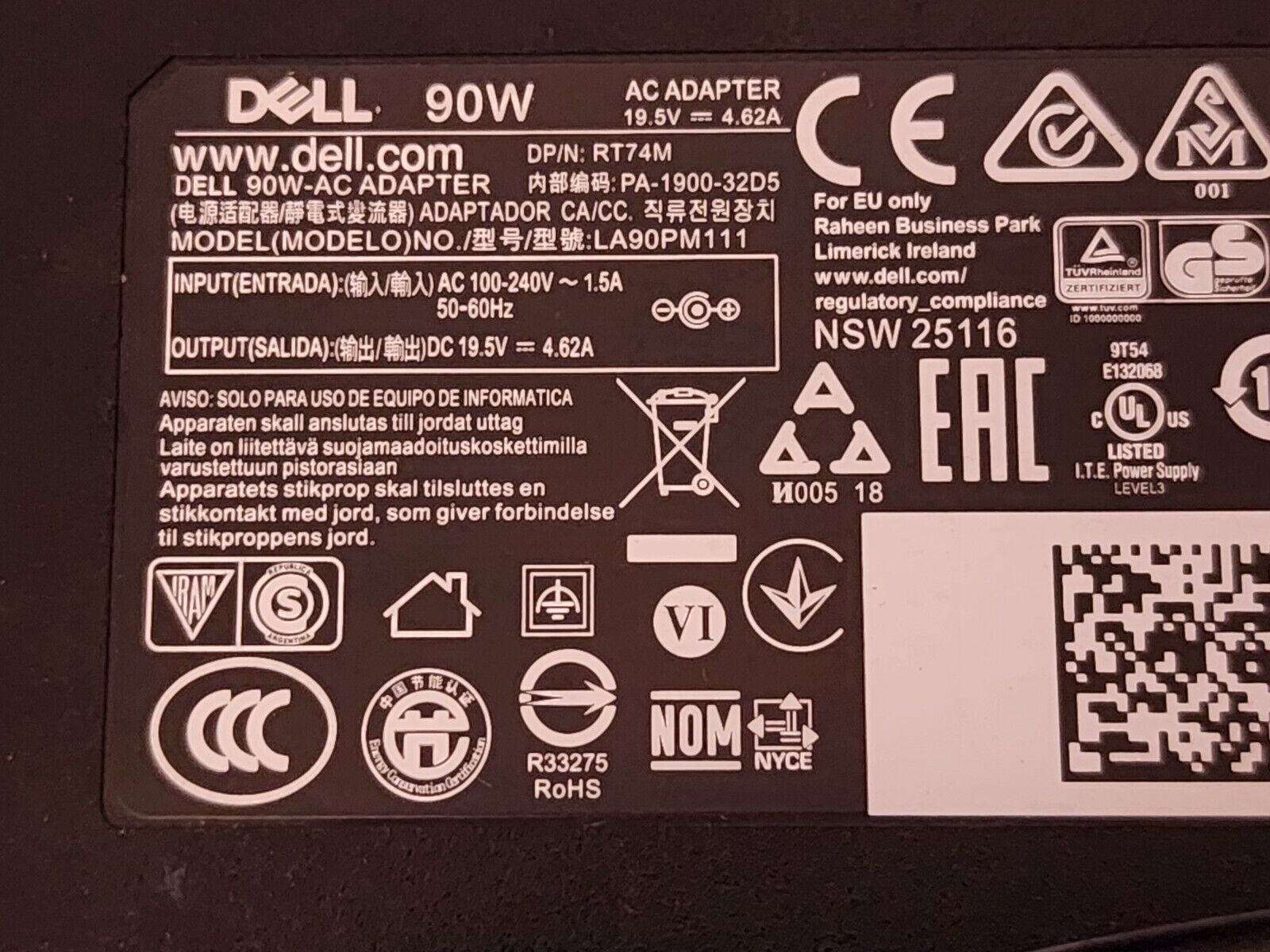 Genuine Dell AC Adapter Charger 19.5V 4.62A 90W Model No.  LA90PM111 DP/N: RT74M