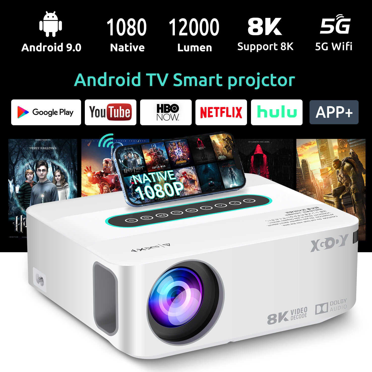 Portable Projector UHD 4K Android Smart WiFi Home Cinema Theater Bluetooth Movie
