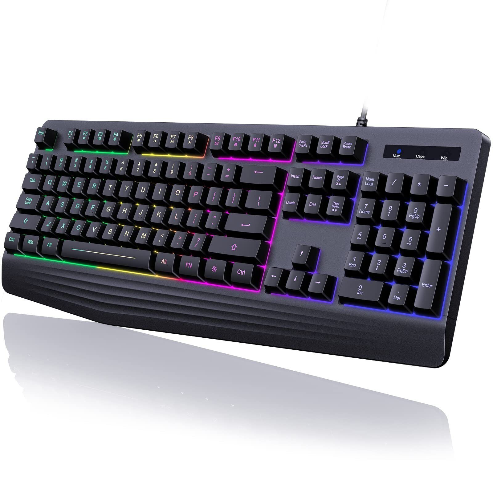 Gaming Keyboard 7-Color Rainbow LED Backlit 104 Keys Quiet Light Up Keyboard