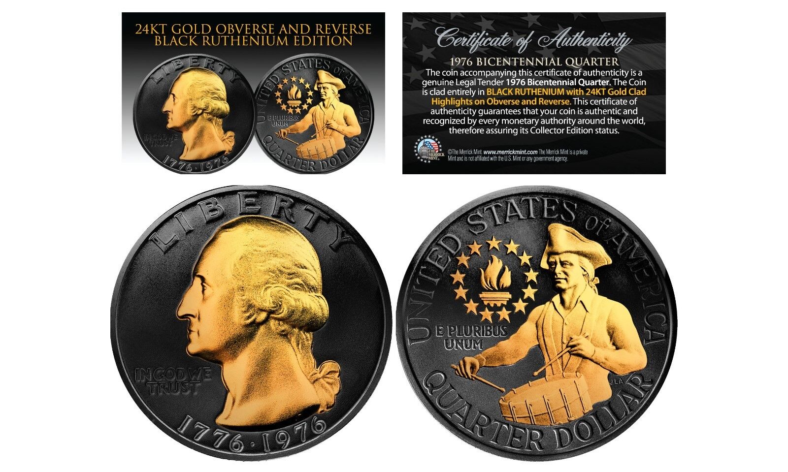 1976 Bicentennial Quarter U.S. Coin BLACK RUTHENIUM & 24KT Gold Clad 2-Sided 