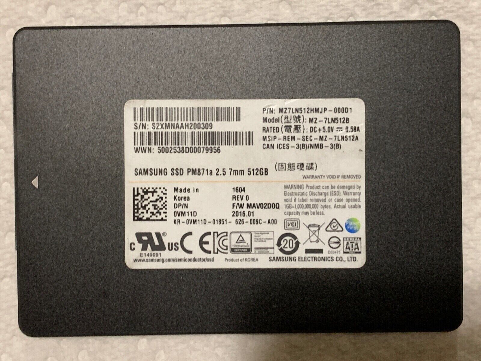 Samsung PM871a 512GB SATA 6Gbps 2.5'' SSD MZ-7LN512A