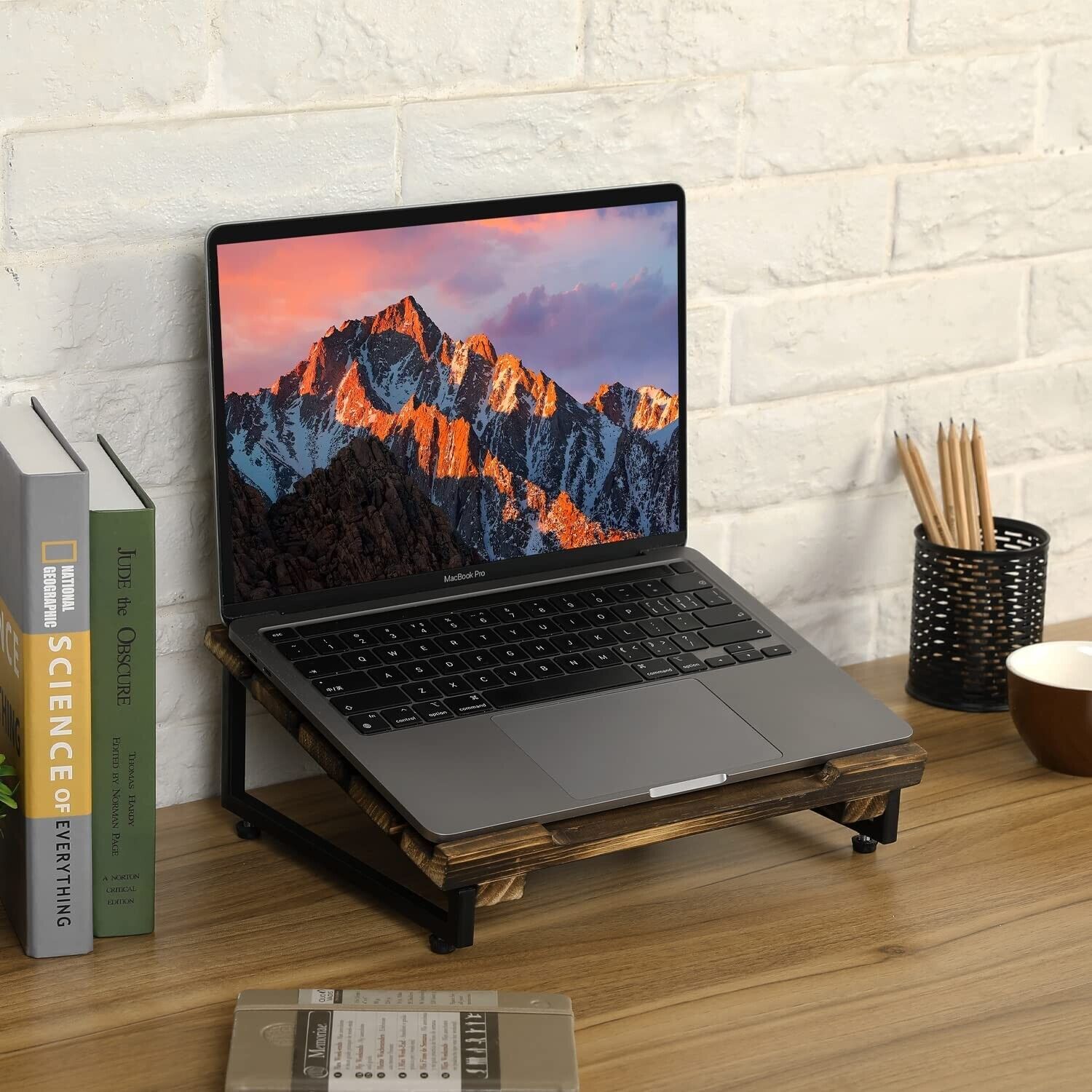 Portable Laptop Stand, Burnt Solid Wood & Matte Black Metal Angled Laptop Riser