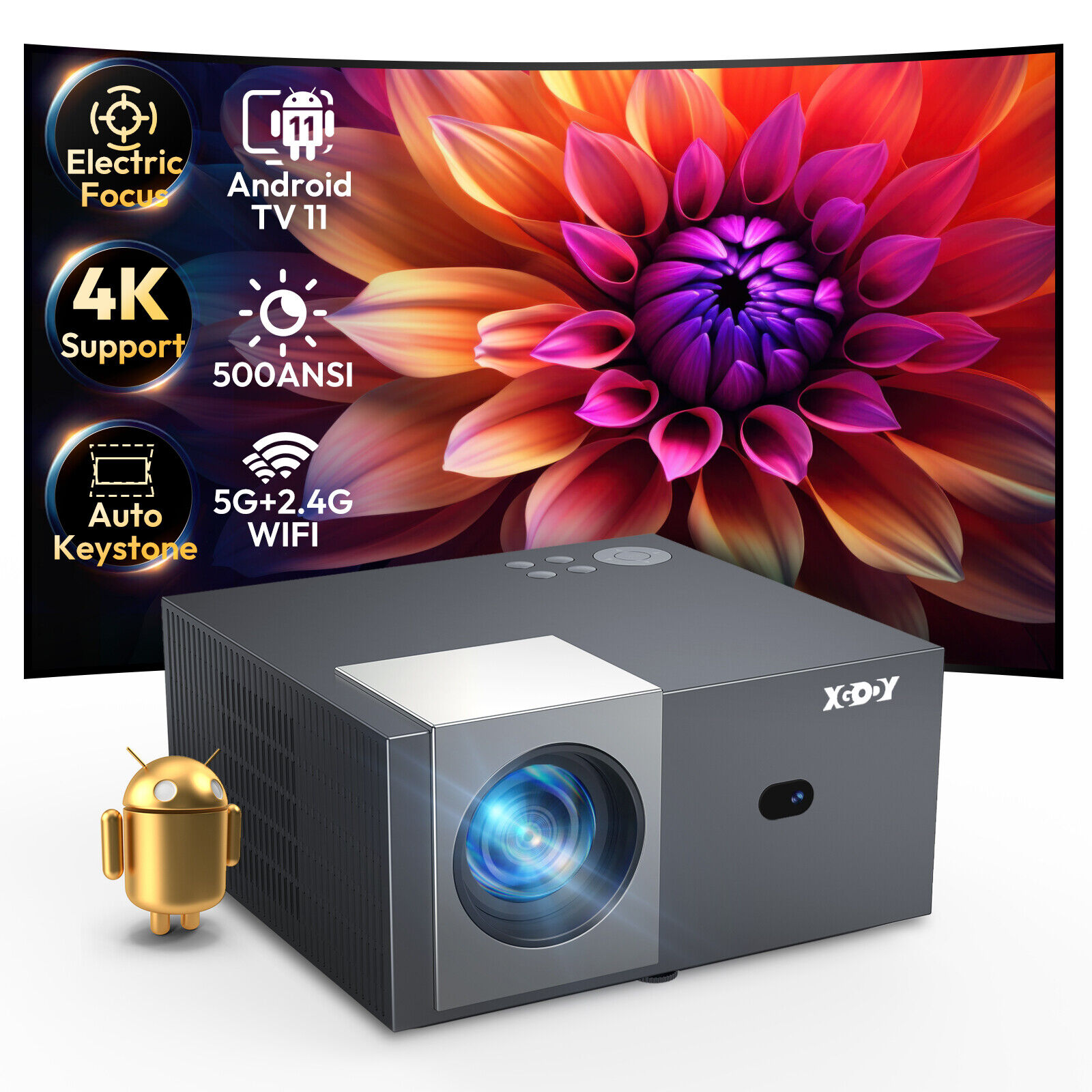 XGODY Android Projector 4K LED Home Theater Cinema Projector 500 ANSI HDMI USB