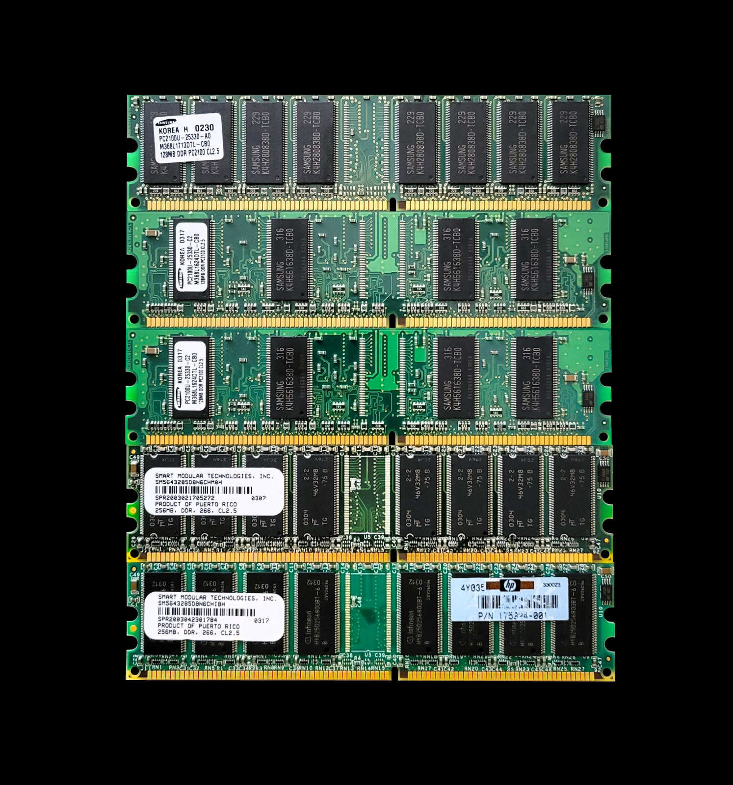 LOT of 5 (2-256MB) (3-128MB) PC2100 DDR-266MHz Mixed Memory Modules CL2.5 DIMM