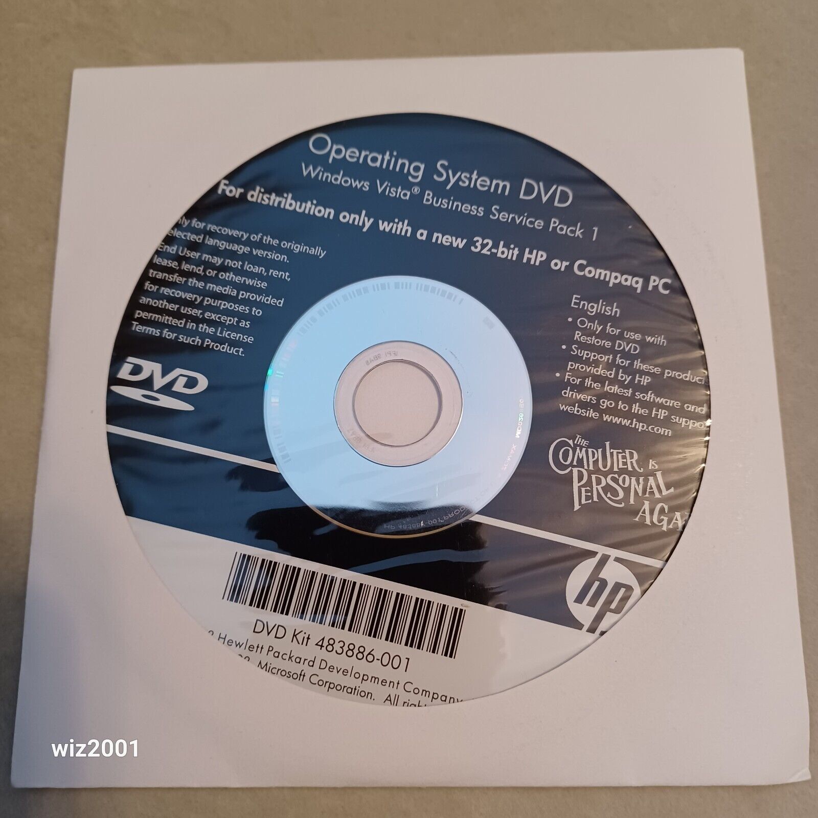 Clean HP Operating System DVD Windows Vista Business 32-bit /W SP1 483886-001