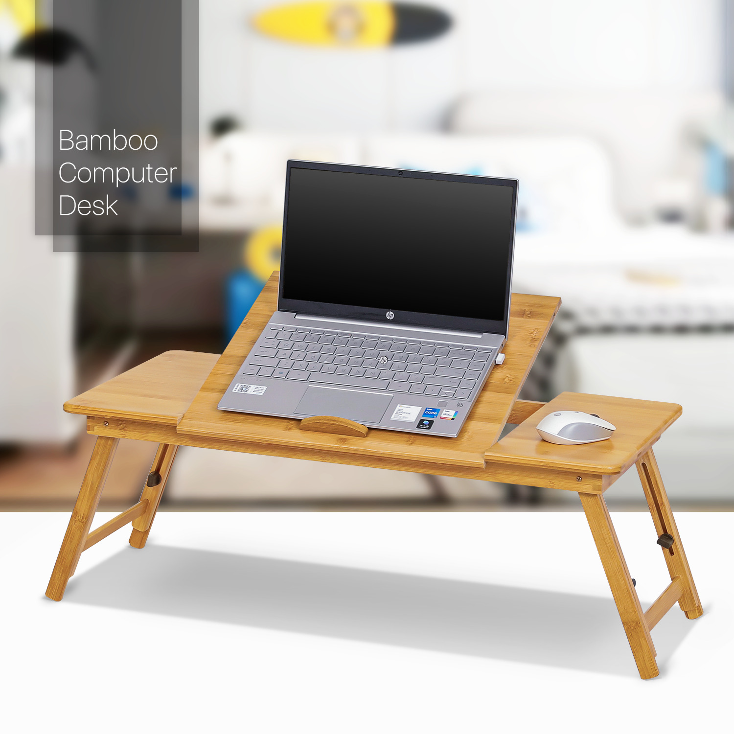 Natural [TILTING DESKTOP] Foldable Laptop Desk Adjustable Leg Portable Bed Table