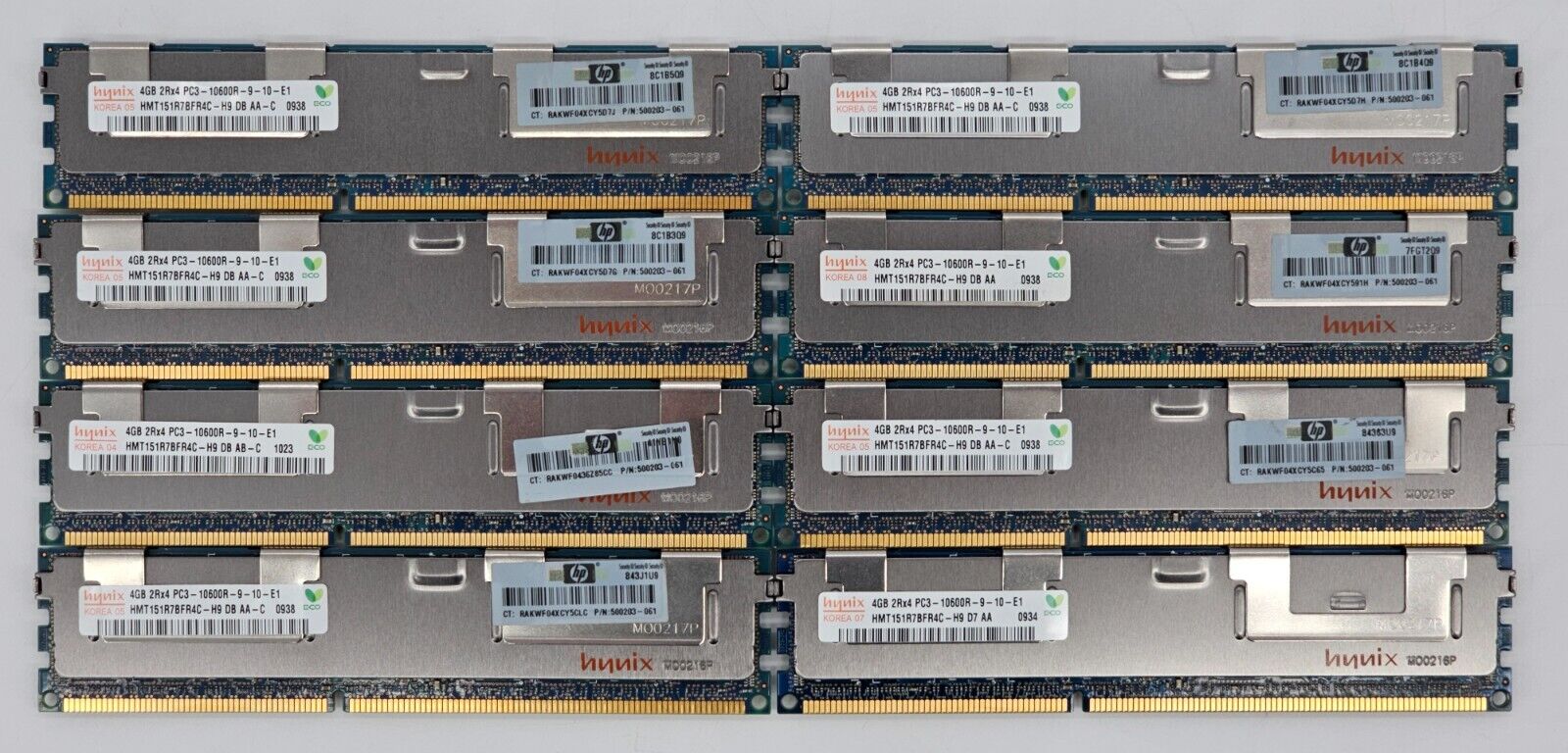 LOT OF 8 - Hynix 4GB 2Rx4 PC3-10600R Server RAM - HMT151R7BFR4C-H9 - 32GB Total