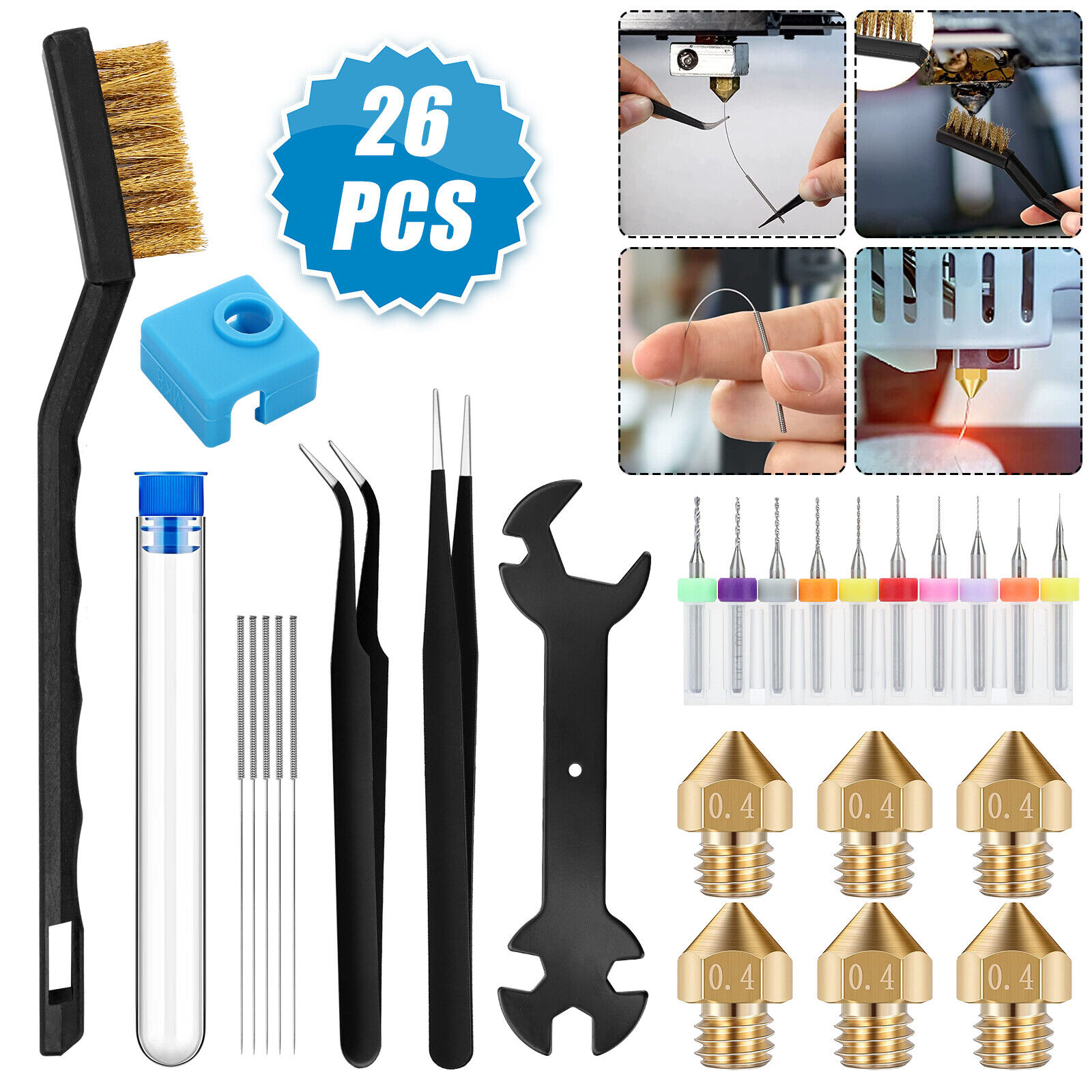 26PCS Extruder Nozzle Cleaning Needles Tool Kit for 3D Printer CR-10/Ender 3 Pro