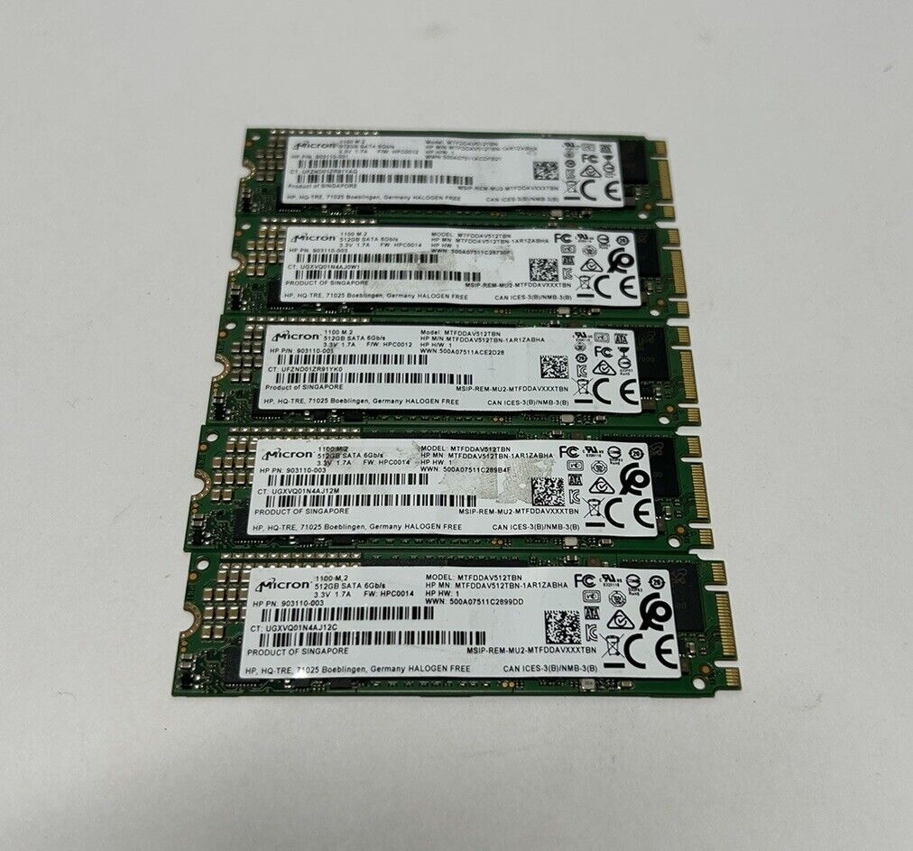 Lot of 5 Micron 1100 MTFDDAV512TBN 512GB M.2 80mm Solid State Drive - Tested