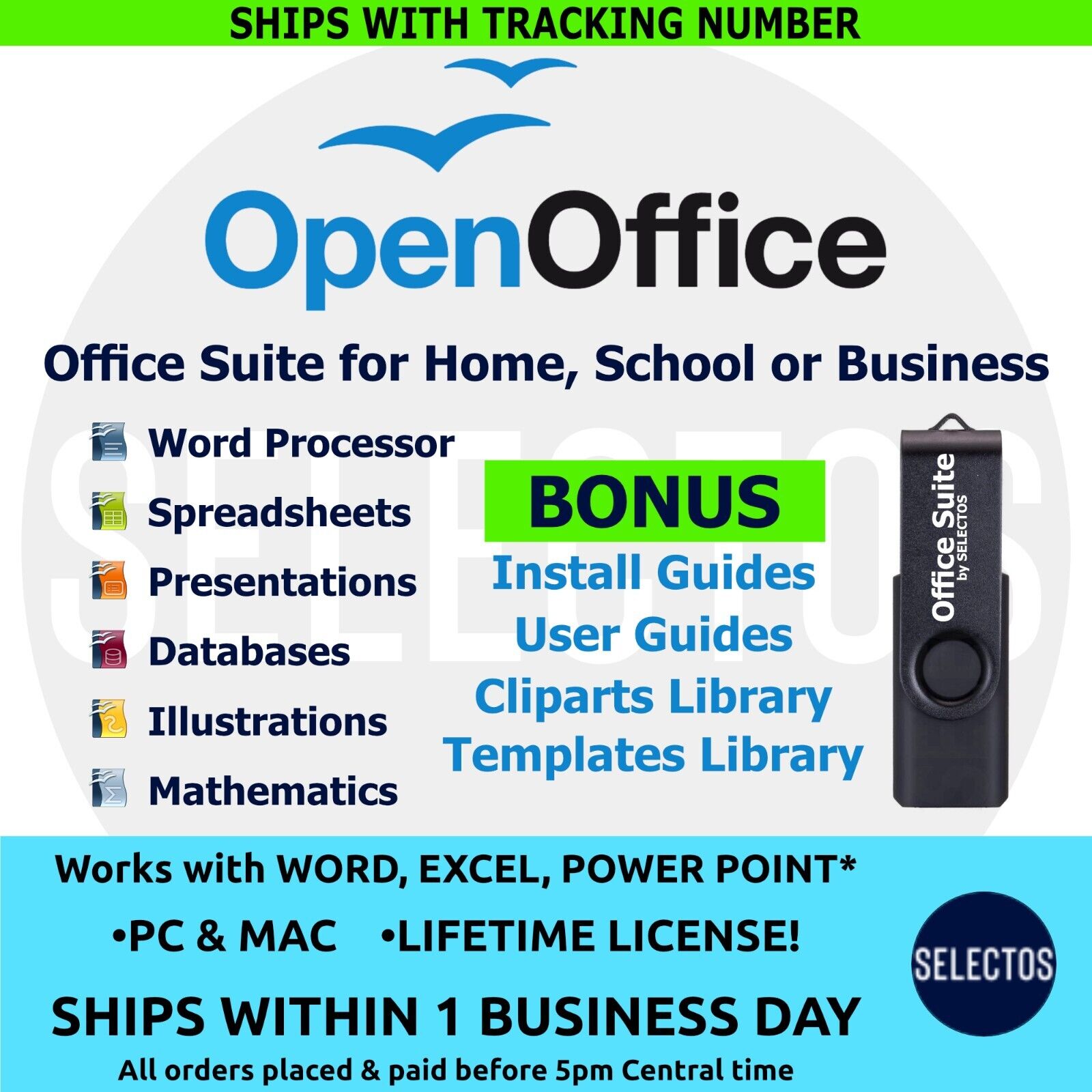 Open Office Software Suite for Windows-Mac. Home, School or Business - USB Drive