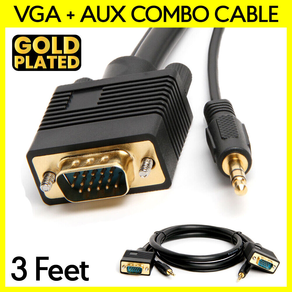 3 Feet VGA Cable with AUX SVGA + 3.5mm Monitor Cord Super VGA Audio Video Cable