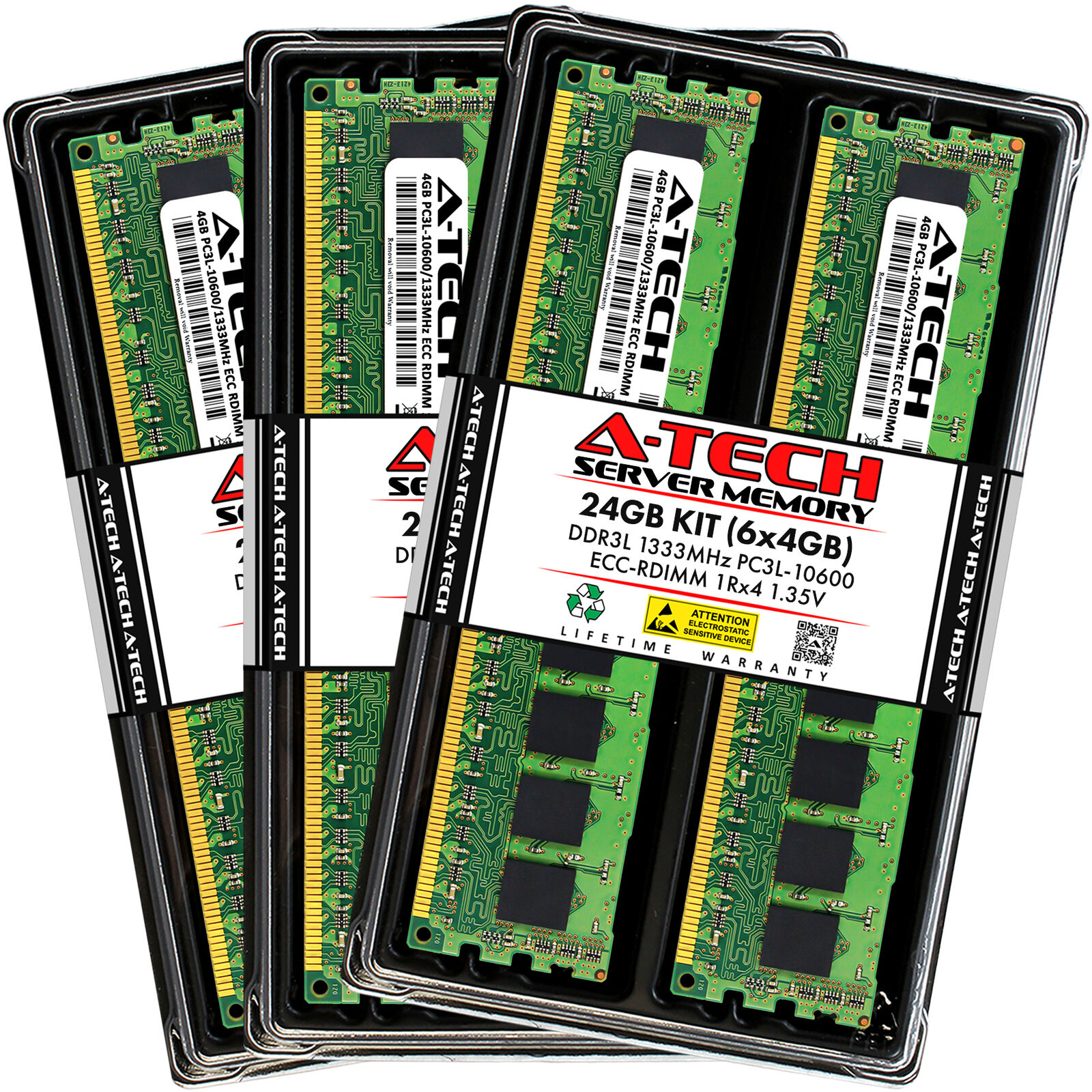 A-Tech 24GB 6x 4GB 1Rx4 PC3-10600R DDR3 1333 LV ECC RDIMM REG Server Memory RAM