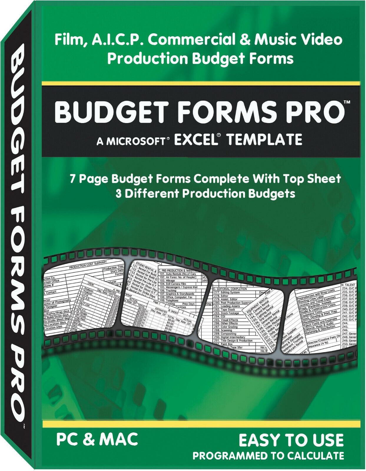 Film, Digital, AICP,  Music Video, Documentary Easy-Use Budget Forms - Excel FS