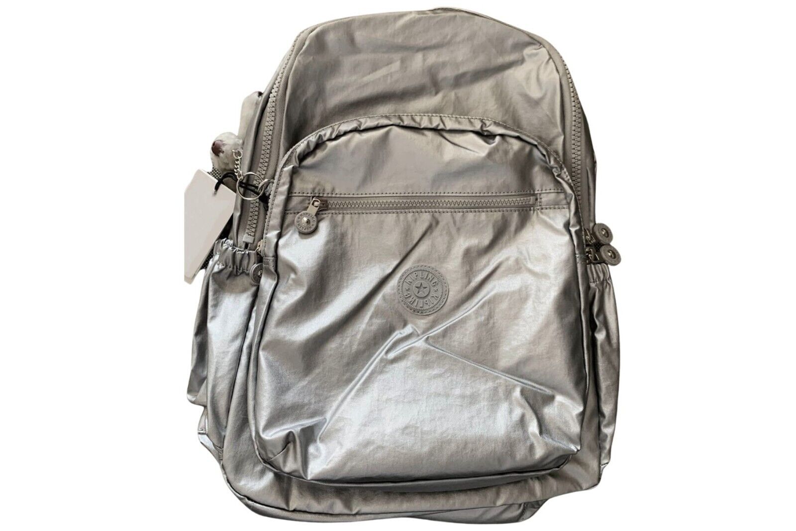 vintage brand new 45cm backpack Kipling Seoul open-side pockets metallic silver