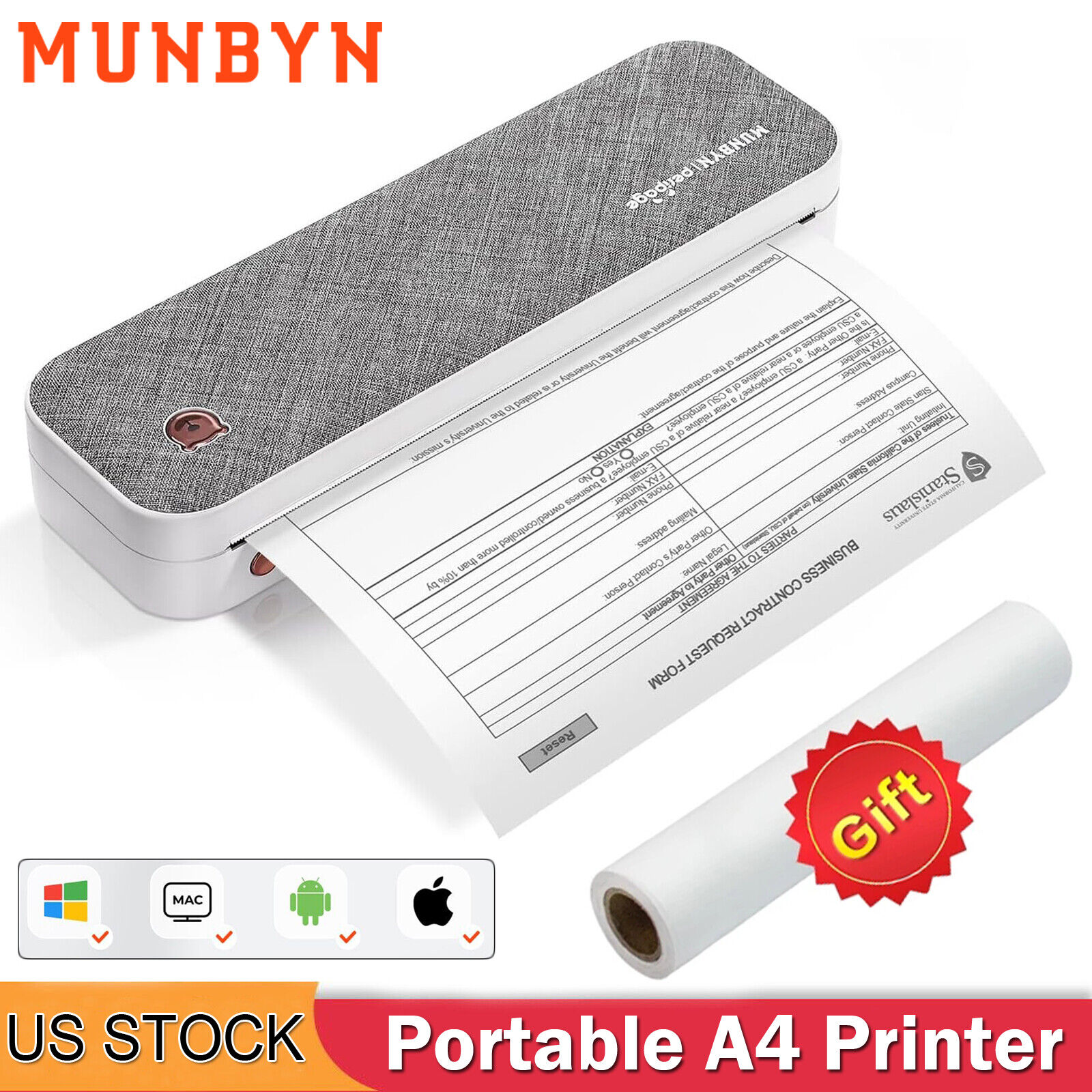 MUNBYN Wireless Bluetooth A4 / US Letter Thermal Printer Portable for iPhone PC