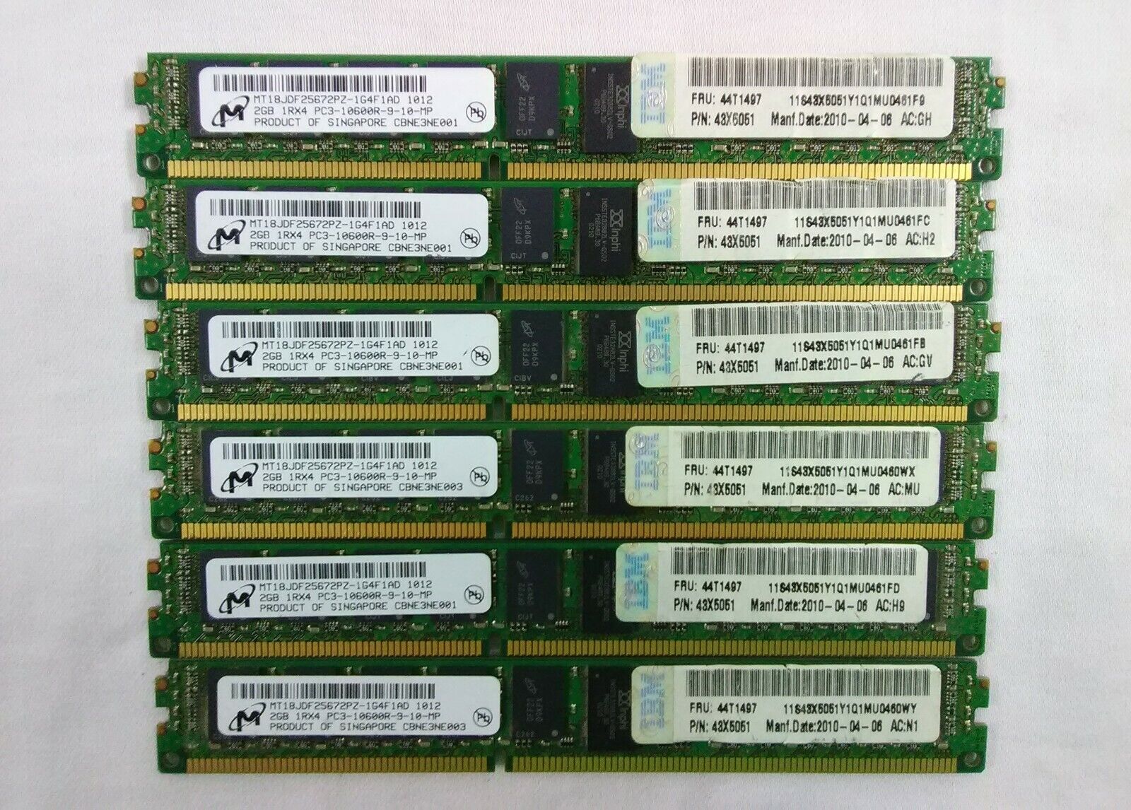 Lot of 6 Micron 2GB x 6 (12GB) PC3-10600R DDR3-1333 REG ECC 1Rx4 Server Memory 