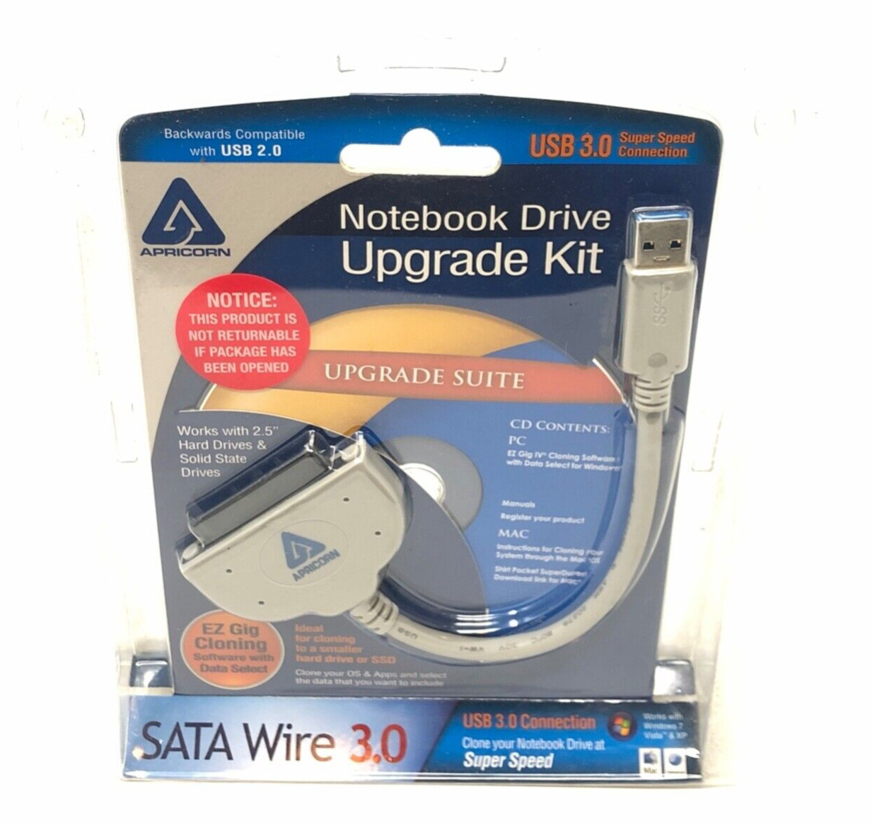 Apricon ASW-USB3-25 SATA Wire 3.0 Hard Drive Upgrade Kit PC & Mac NEW