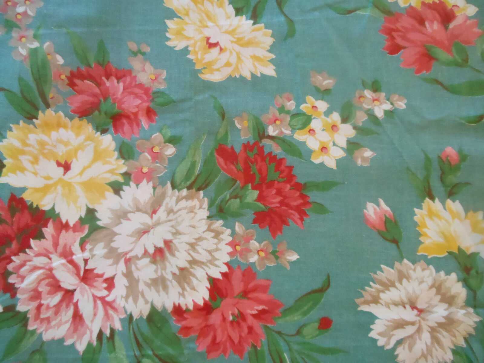 Vintage Floral Carnation 30's - 40's Cotton Fabric ~ Coral Pink Yellow Aqua Teal
