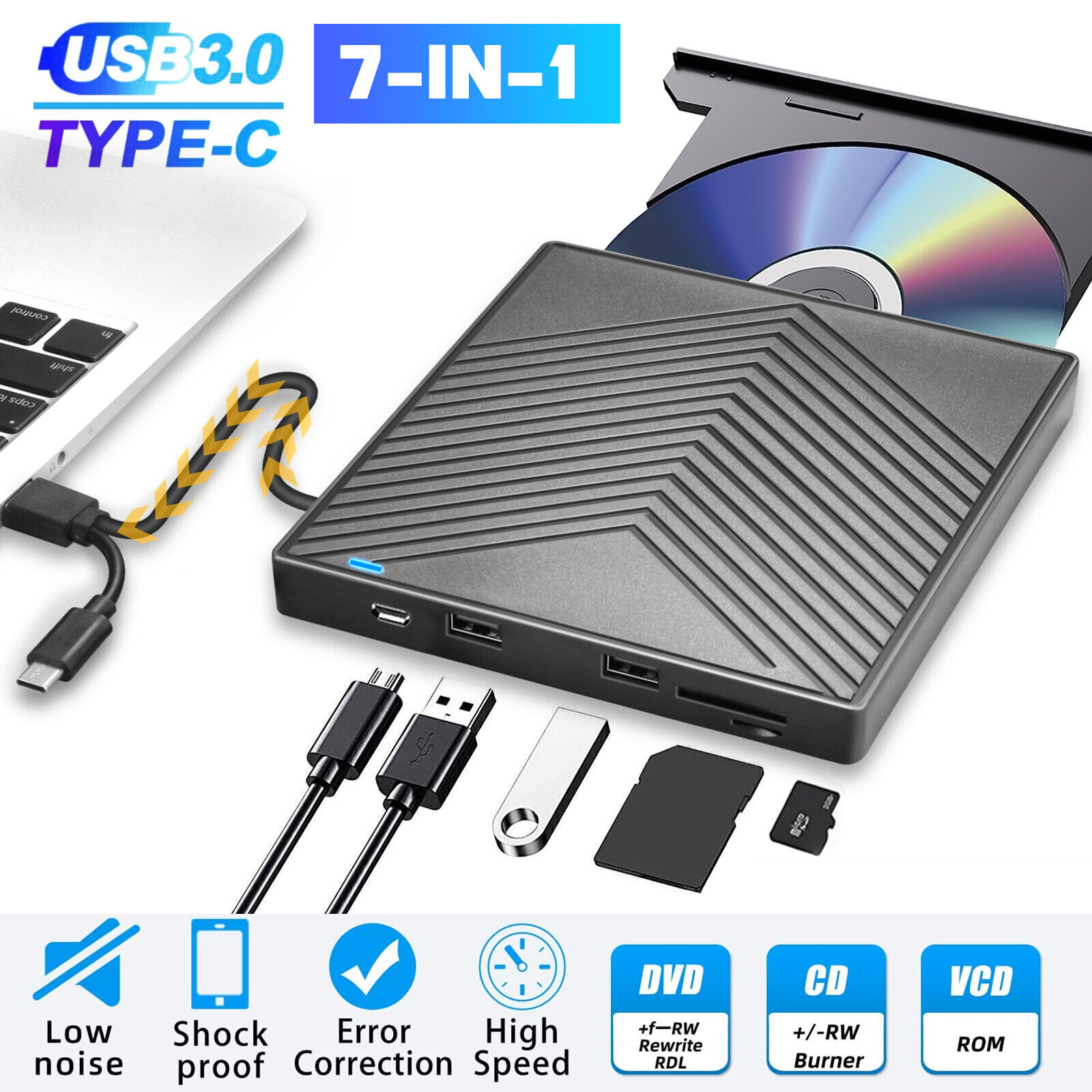 External CD DVD Drive for PC Laptop Windows 11 10 USB 3.0 Burner Reader Writer