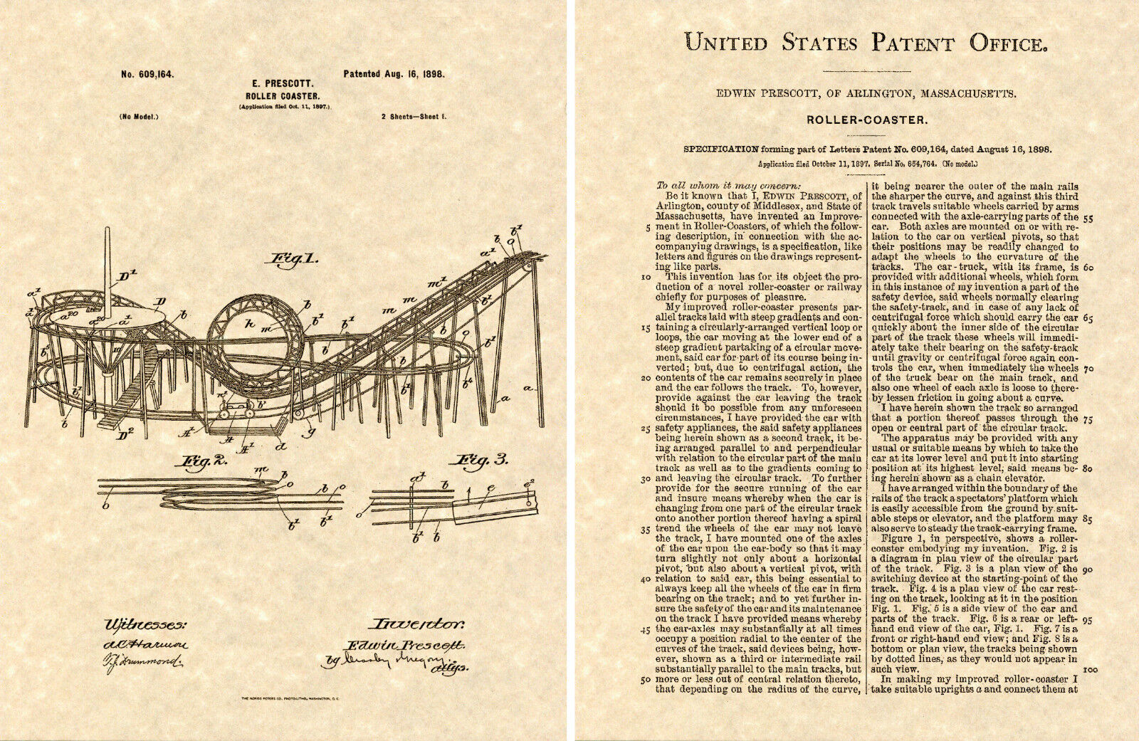 1898 US PATENT LOOP ROLLERCOASTER  Print READY TO FRAME Roller Coaster