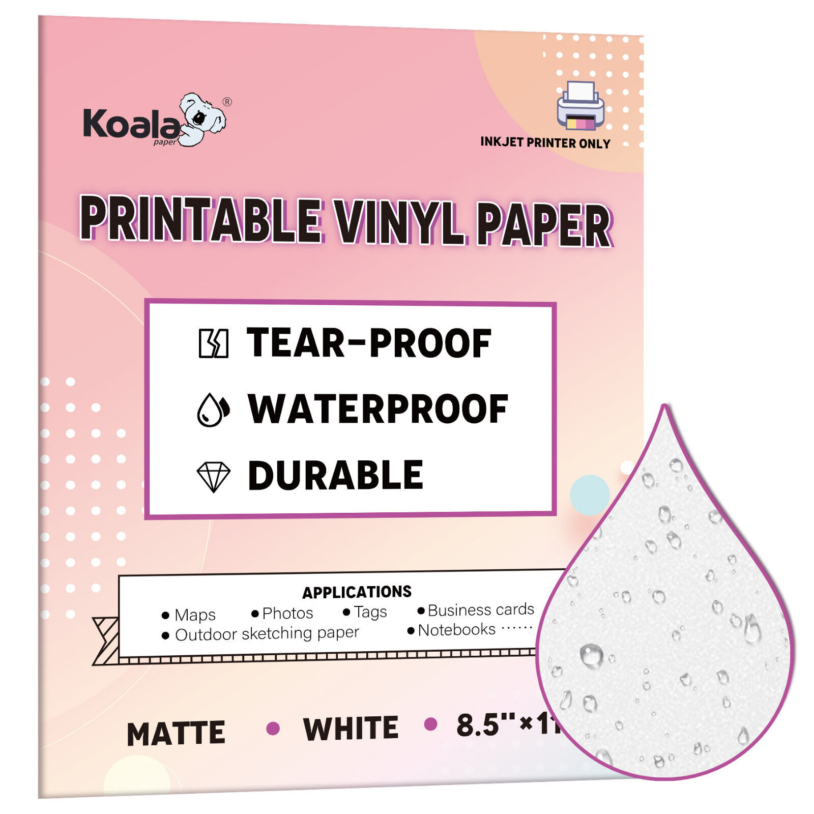 Koala Waterproof Printer Paper 8.5x11 Matte White Inkjet Printable Vinyl 30 Pk