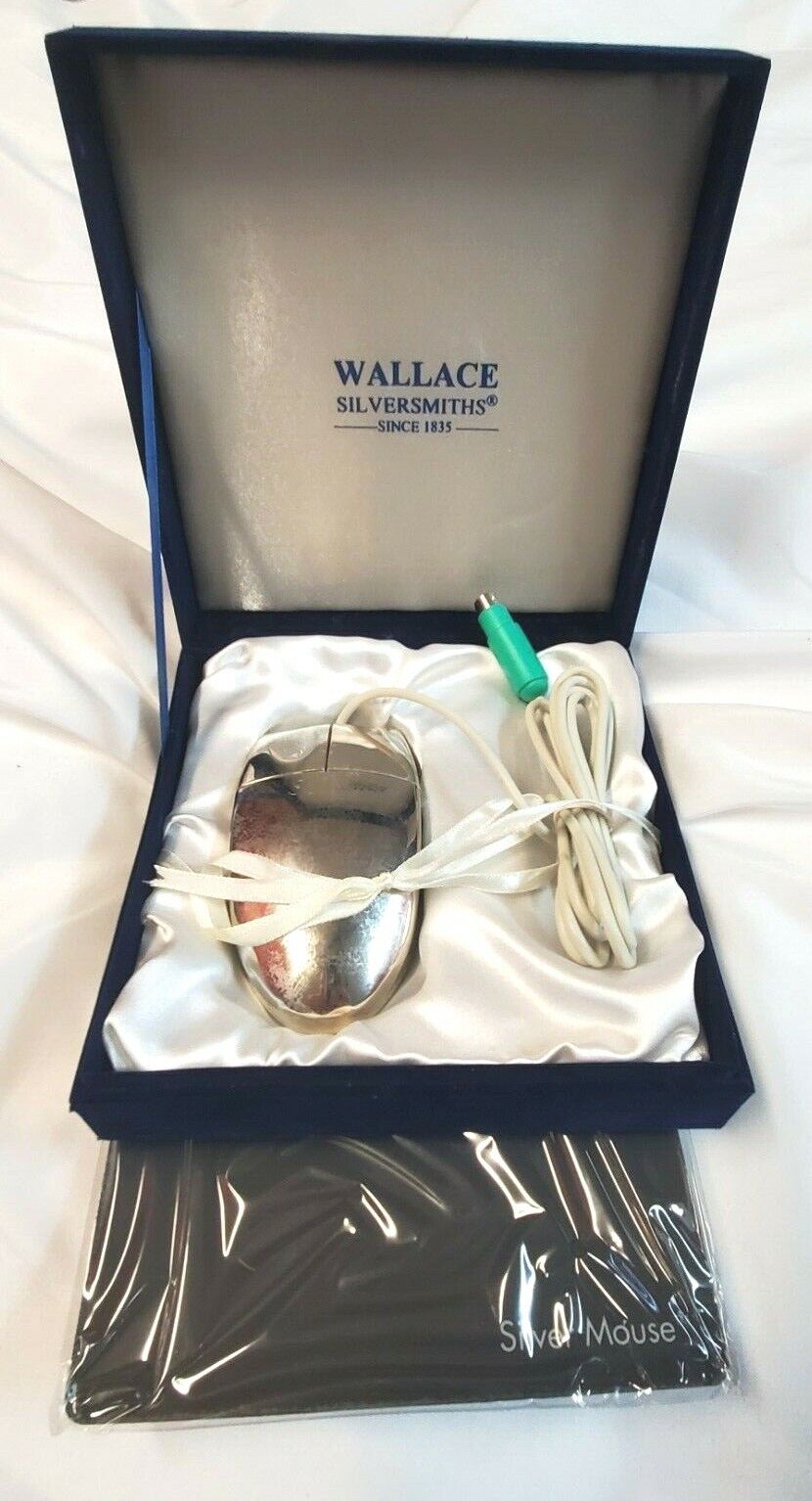 VTG WALLACE SILVERSMITH SILVER PLATED 2-BUTTON PS/2 MOUSE W/PAD MUO6P VELVET BOX