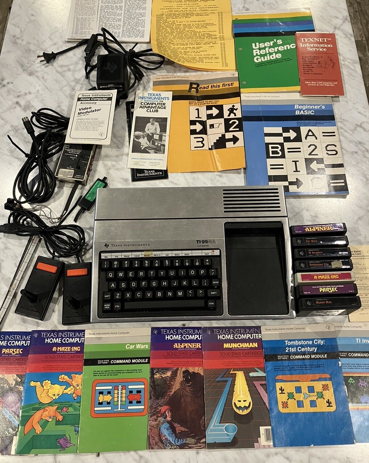 TI-99/4A Texas Instruments Home Computer W Games Wires All Original Papers READ