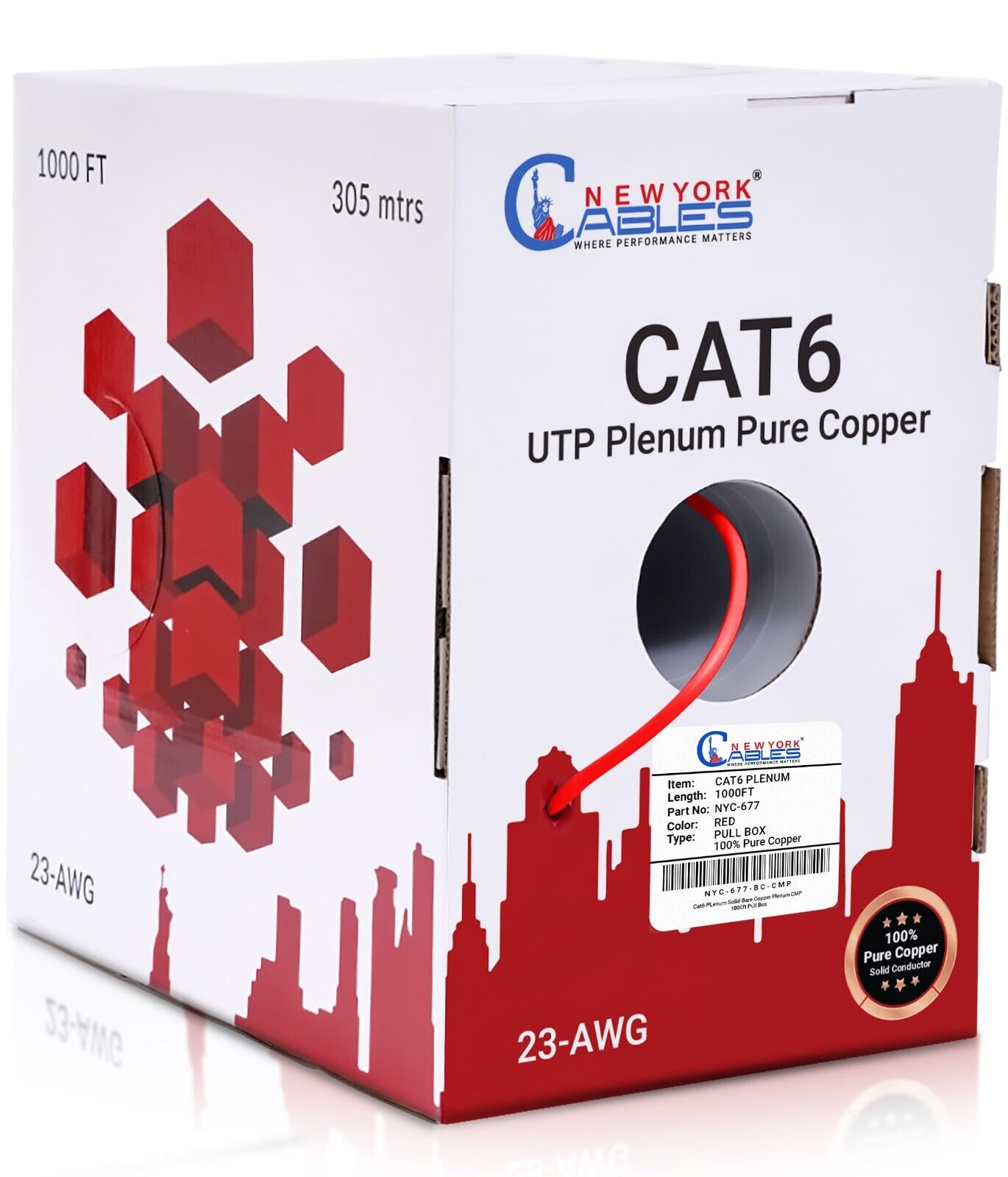CAT6 Plenum Cable 1000ft Pure Bare Copper 550Mhz UTP Bulk Ethernet LAN Cable Red