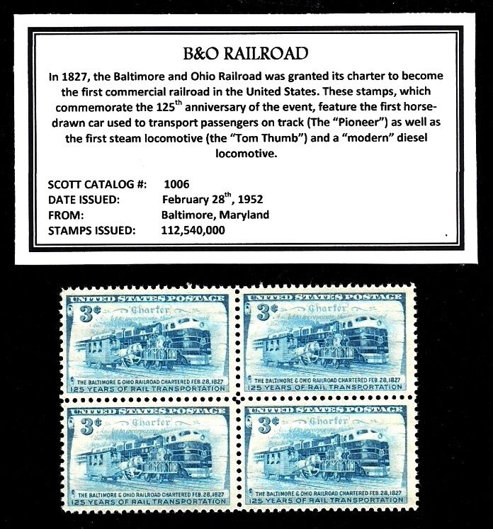 1952 - B&O RAILROAD -  Block of Four Vintage U.S. Postage Stamps