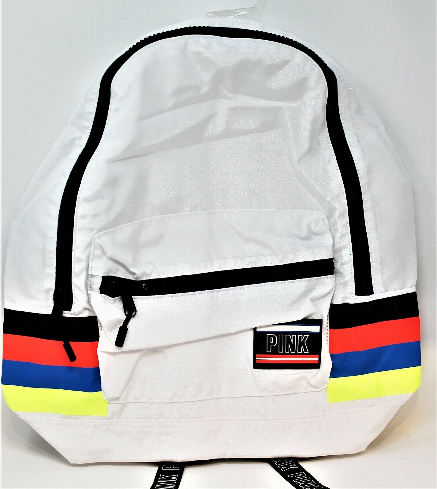 Victoria Secret PINK Basic Nylon Backpack Laptop Book Bag White Neon Stripes New