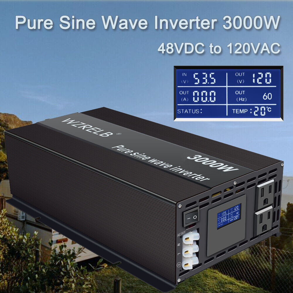 3000W Pure Sine Wave Inverter 48V 110V 120V Car Power Truck Motorhome RV Solar