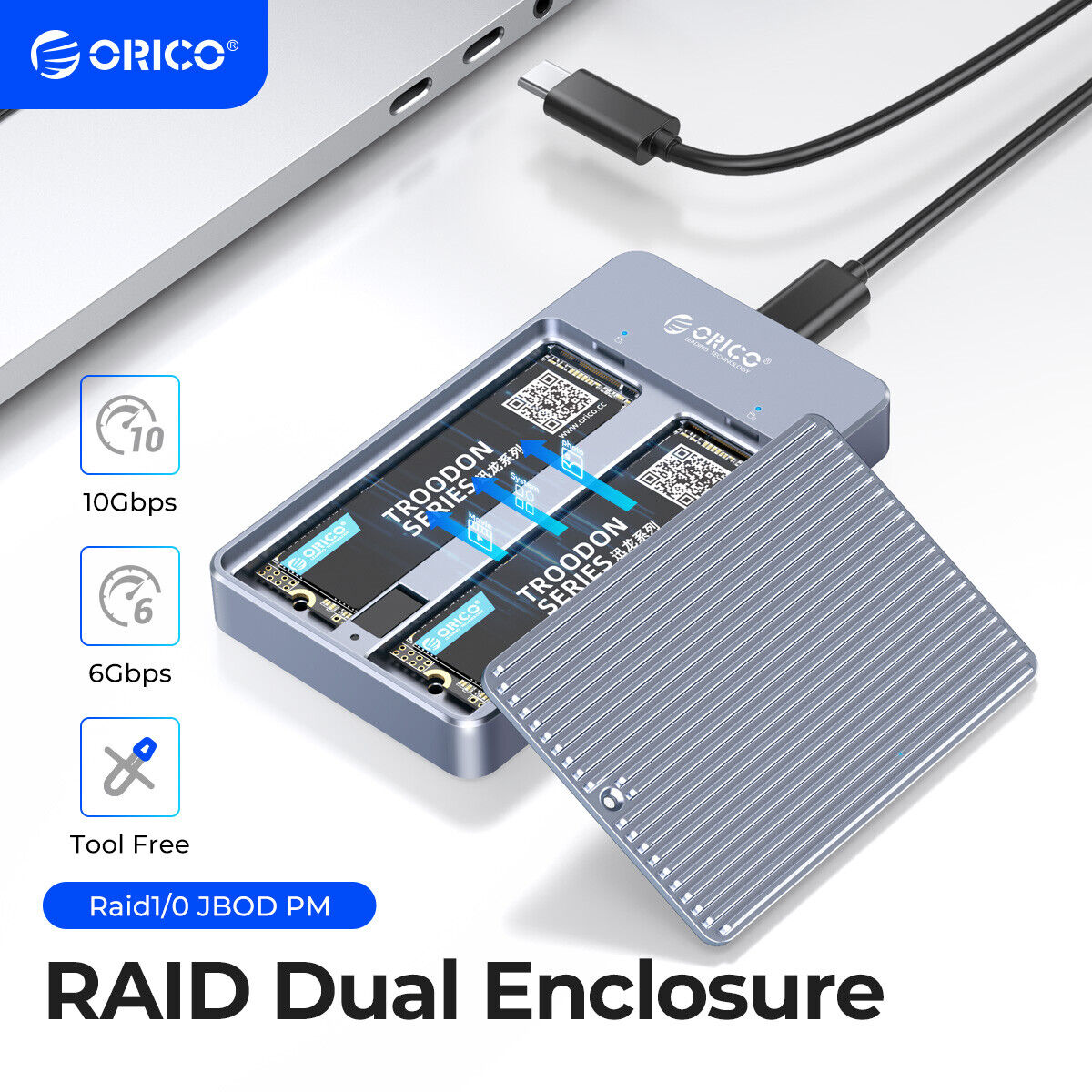 ORICO Dual Bay M.2 SATA NGFF SSD Enclosure RAID USB3.1Gen2 Type C UASP Up to 8TB