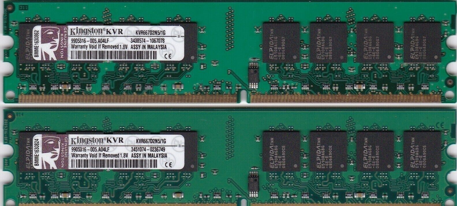 2GB 2x1GB PC2 5300 DDR2-667 KVR667D2N5/1G KINGSTON ELPIDA Desktop Ram Memory Kit