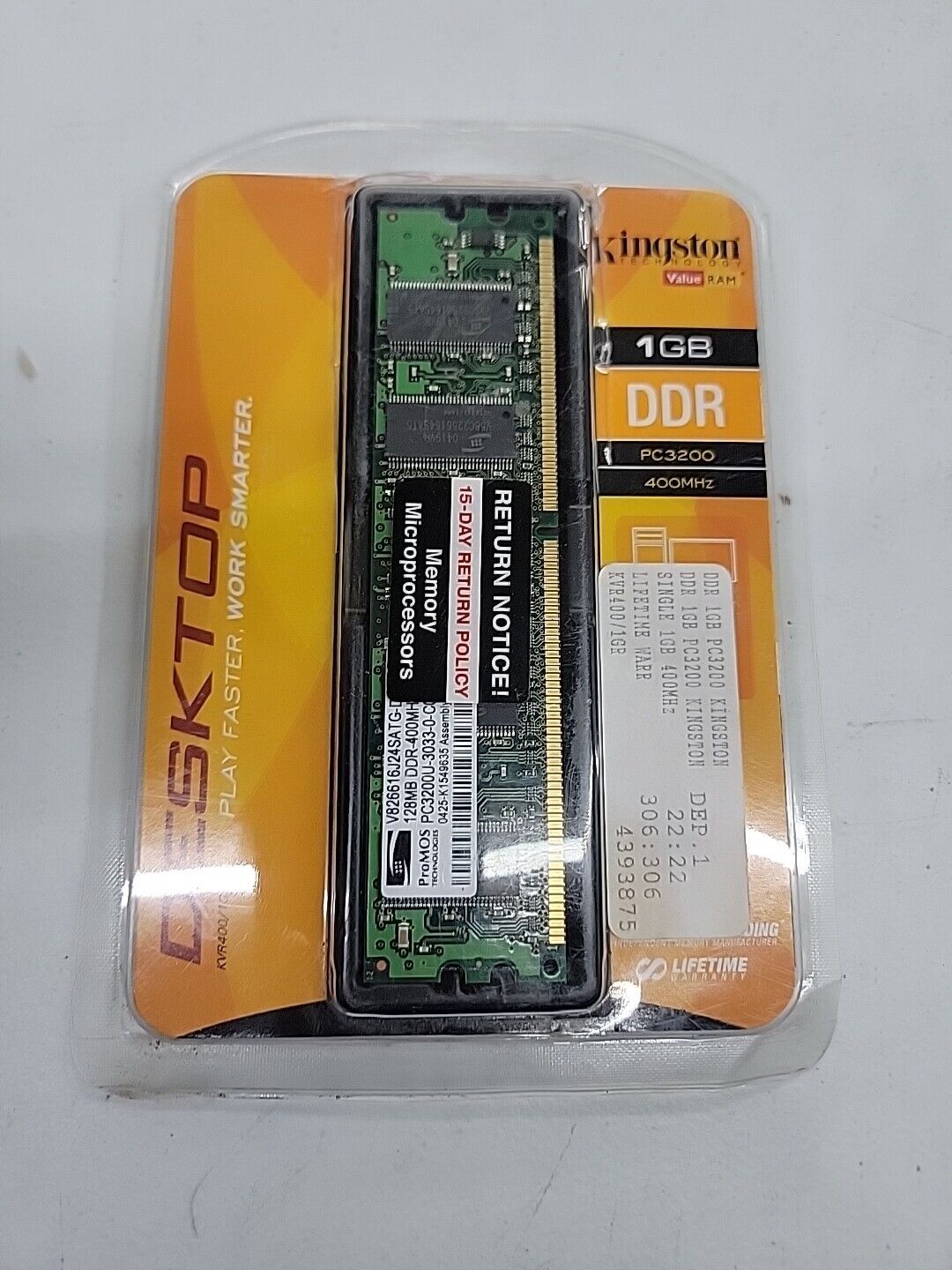 Genuine Kingston Value Ram (KVR400 / 1GB) Desktop PC3200 Memory Stick 400MHz