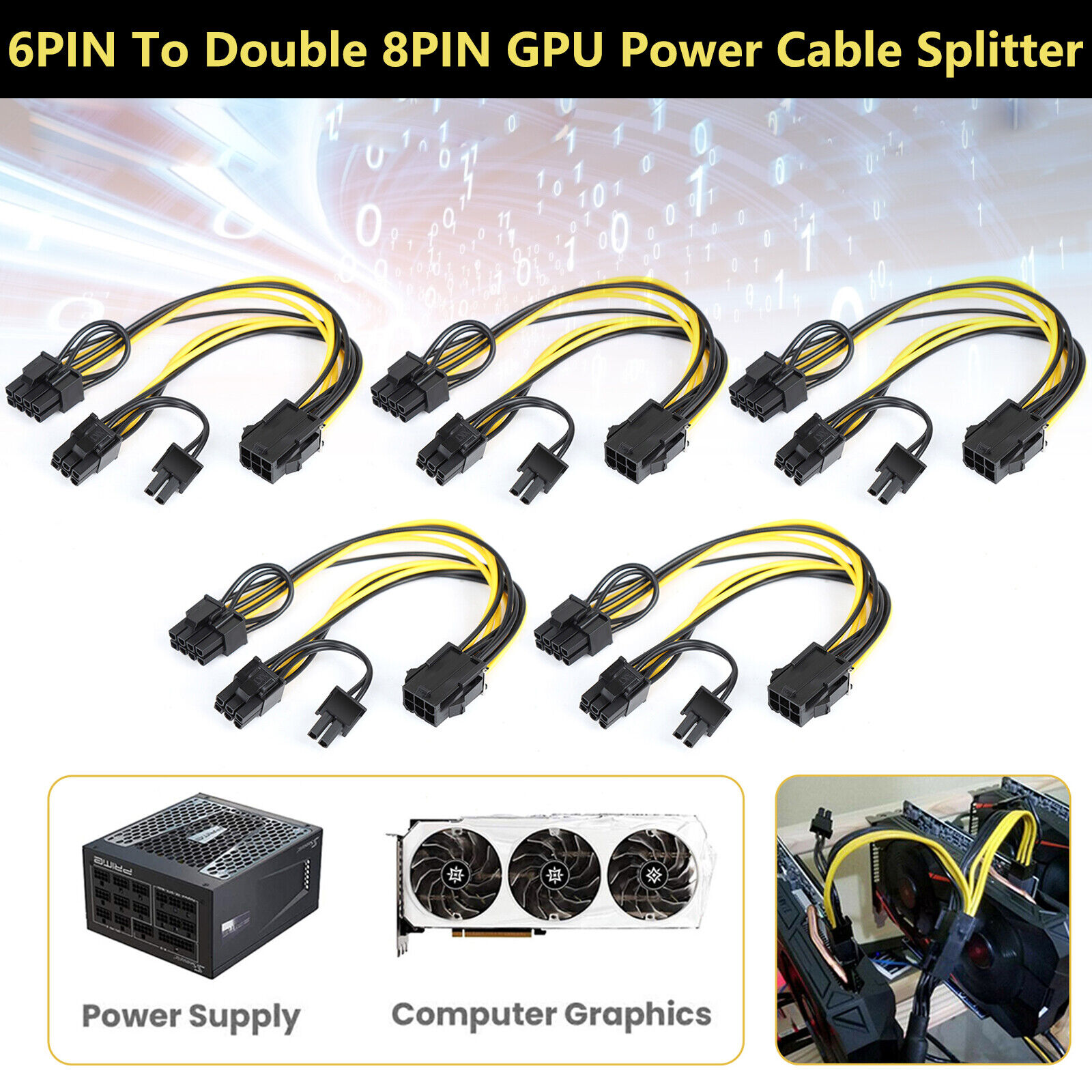 5 PCS 6 pin PCIE Female to Dual PCI-E 6+2 (8) pin Male GPU Power Cable Splitter